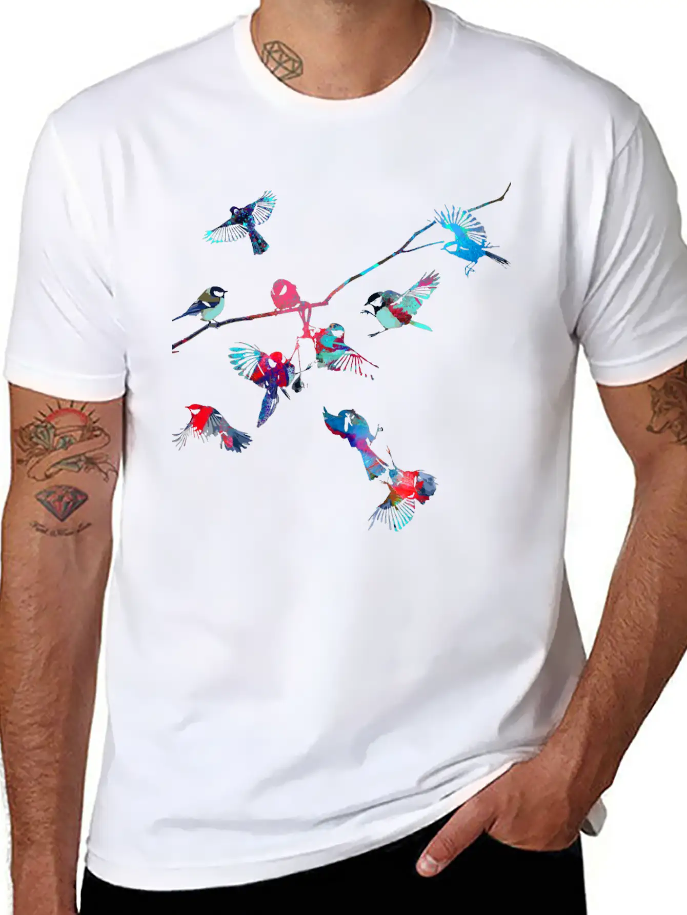 Birds, Bird, Tree,colorful, Painting Essential Cotton Tee For Daily Outfits ¨C Unisex Style