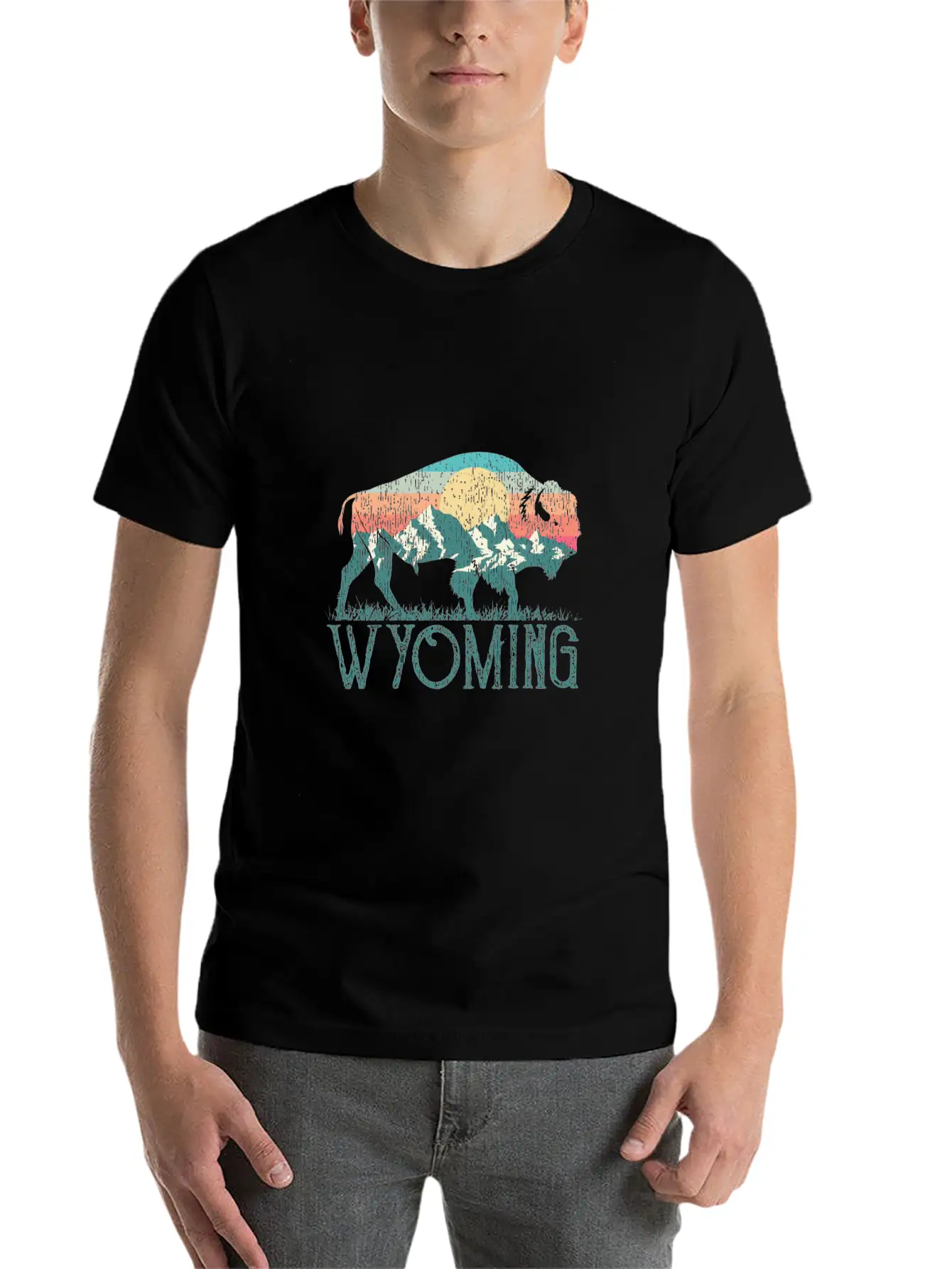 Bison Buffalo Retro Wyoming Wy Mountains Retro Essential Cotton Tee For Daily Outfits ¨C Unisex Style