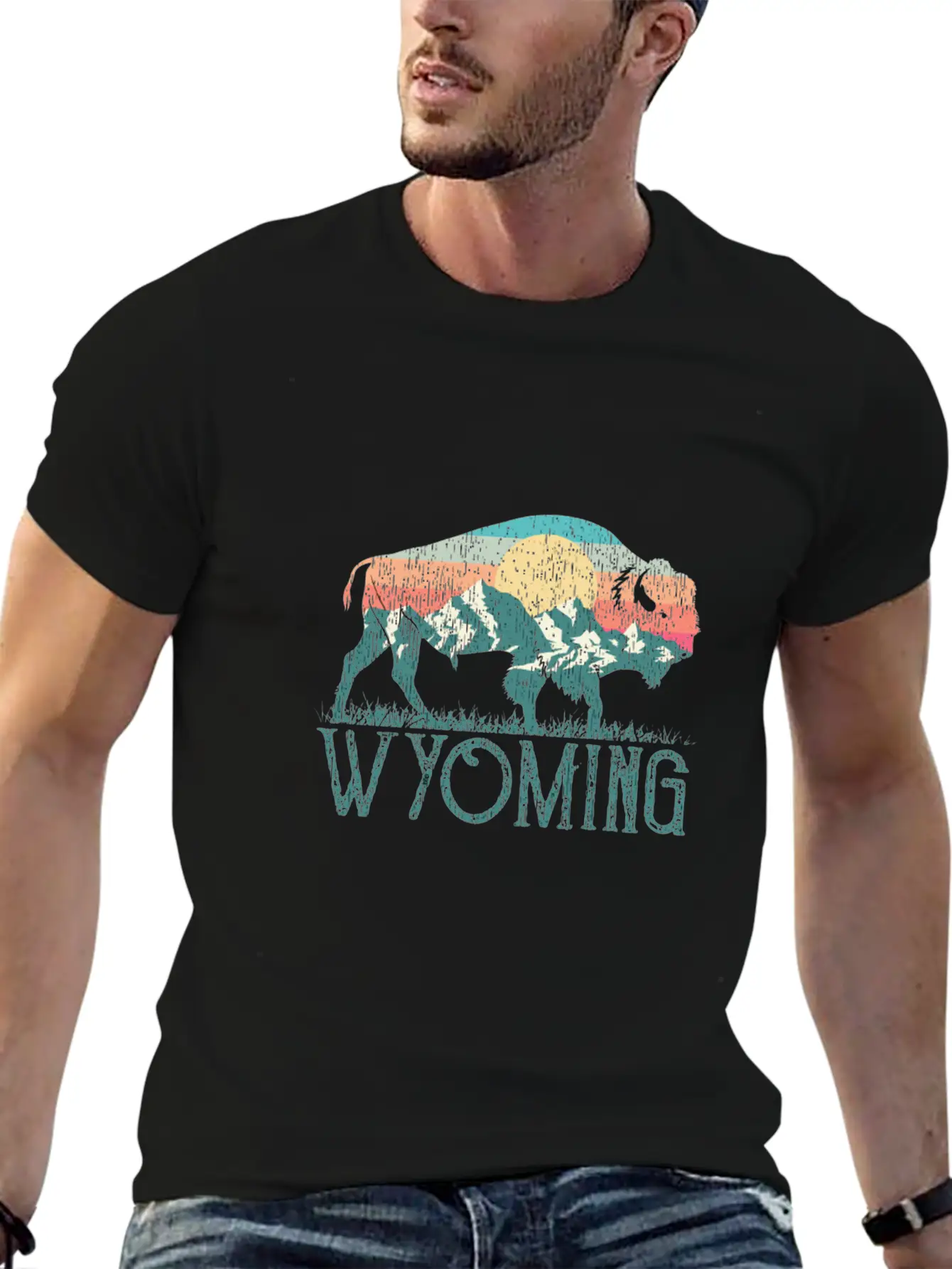 Bison Buffalo Retro Wyoming Wy Mountains Retro Essential Cotton Tee For Daily Outfits ¨C Unisex Style