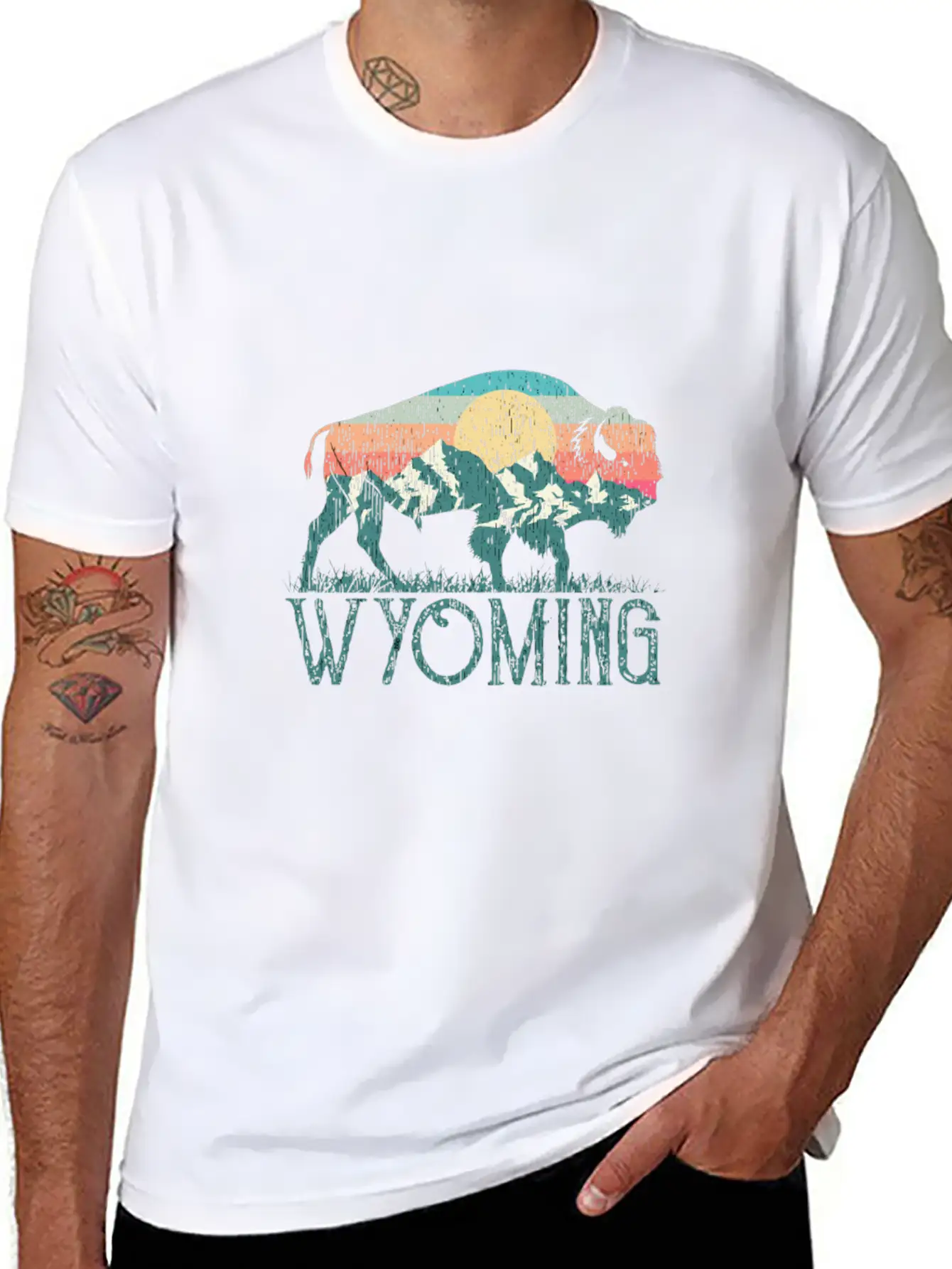 Bison Buffalo Retro Wyoming Wy Mountains Retro Essential Cotton Tee For Daily Outfits ¨C Unisex Style