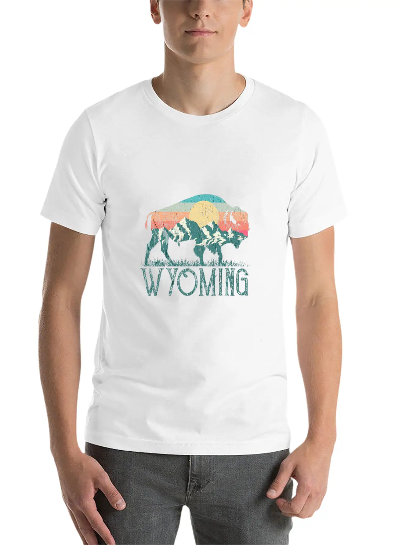 Bison Buffalo Retro Wyoming Wy Mountains Retro Essential Cotton Tee For Daily Outfits ¨C Unisex Style