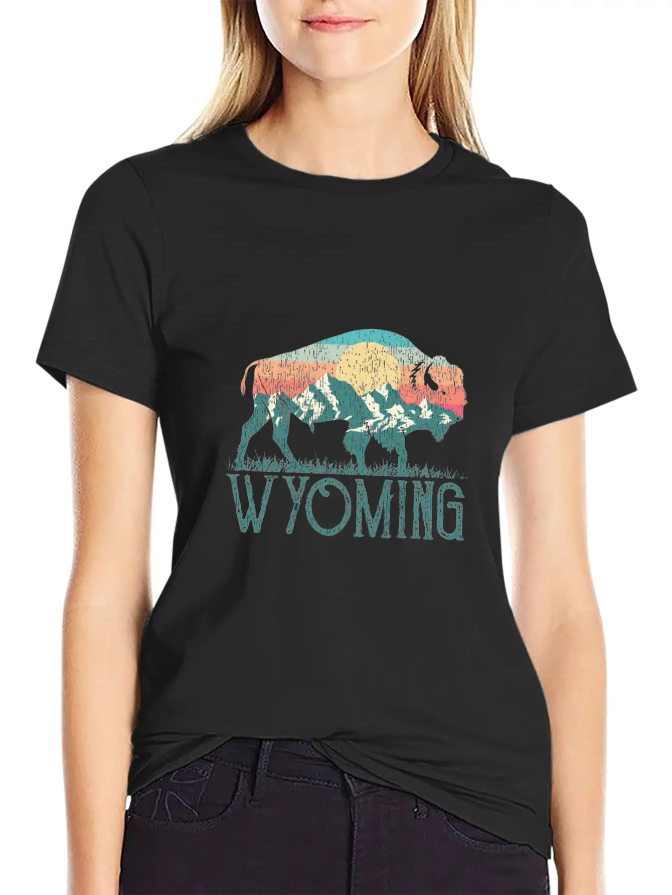 Bison Buffalo Retro Wyoming Wy Mountains Retro Essential Cotton Tee For Daily Outfits ¨C Unisex Style