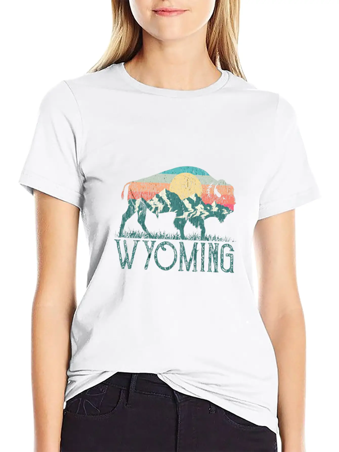 Bison Buffalo Retro Wyoming Wy Mountains Retro Essential Cotton Tee For Daily Outfits ¨C Unisex Style
