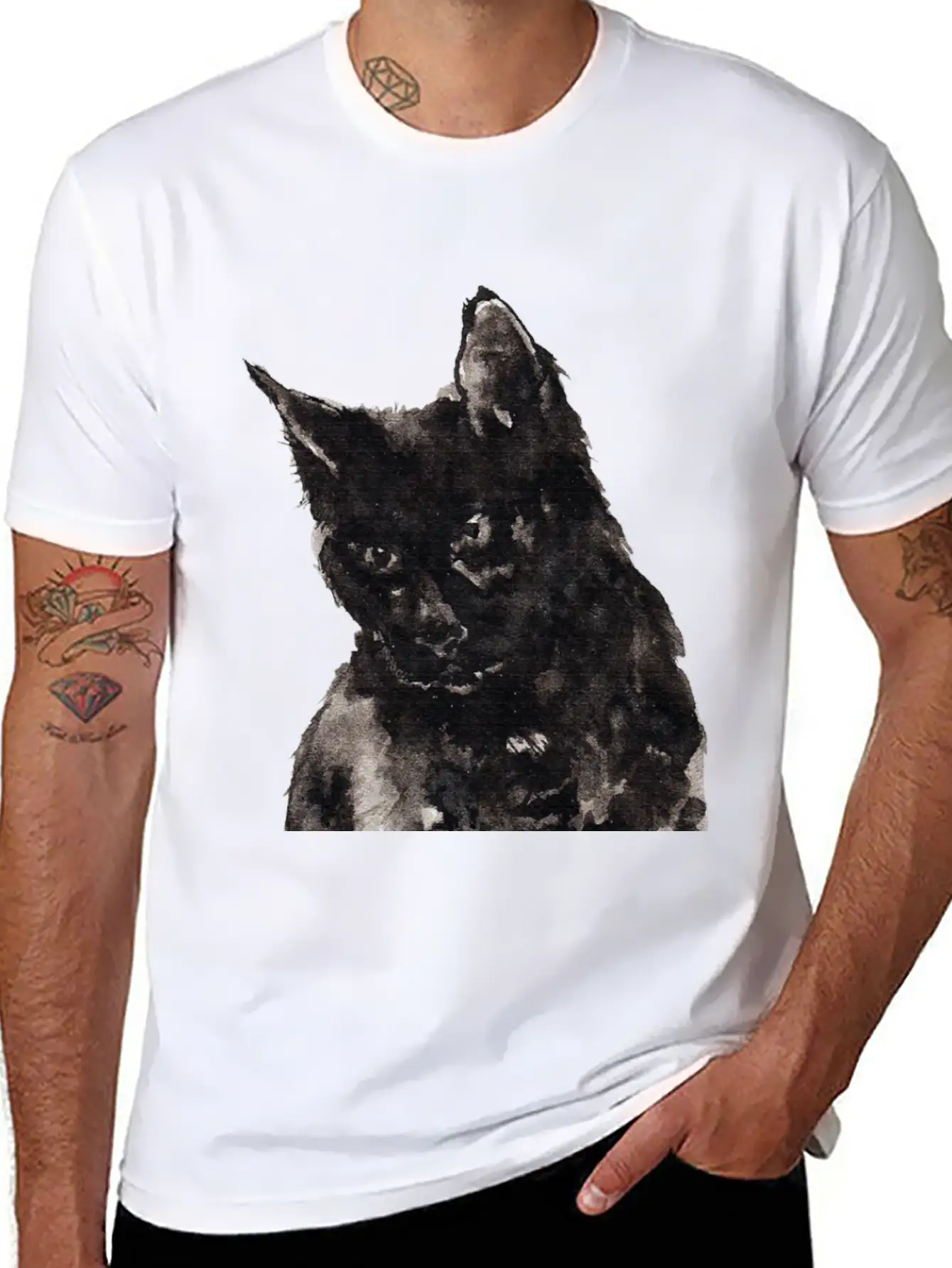 Black Cat Ink Painting Basic Graphic T-Shirt ¨C Daily Comfort In Soft Cotton