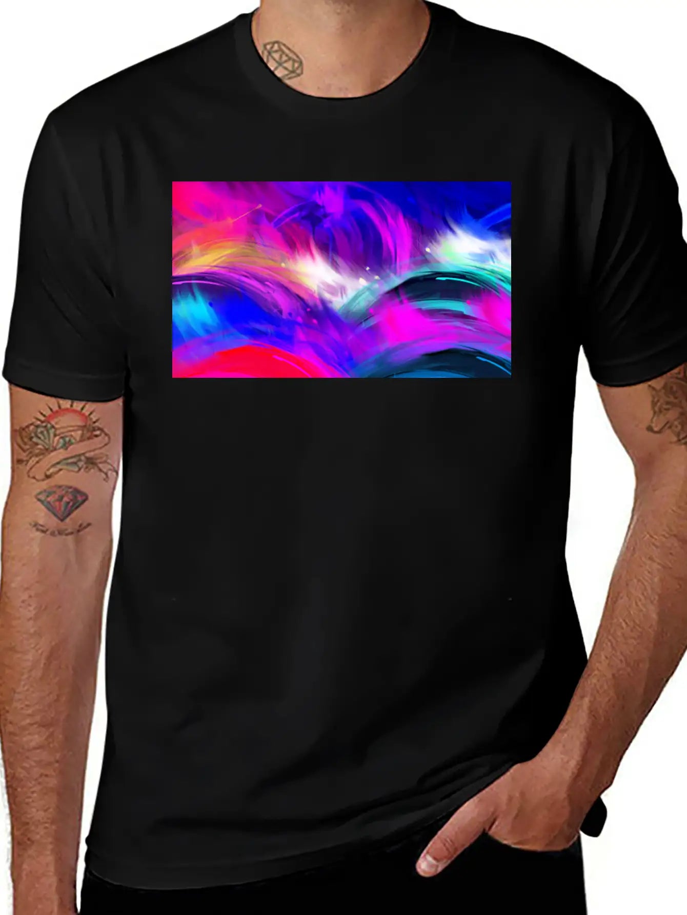 Blue And Purple Wavy Oil Grunge Paint Basic Graphic T-Shirt ¨C Daily Comfort In Soft Cotton