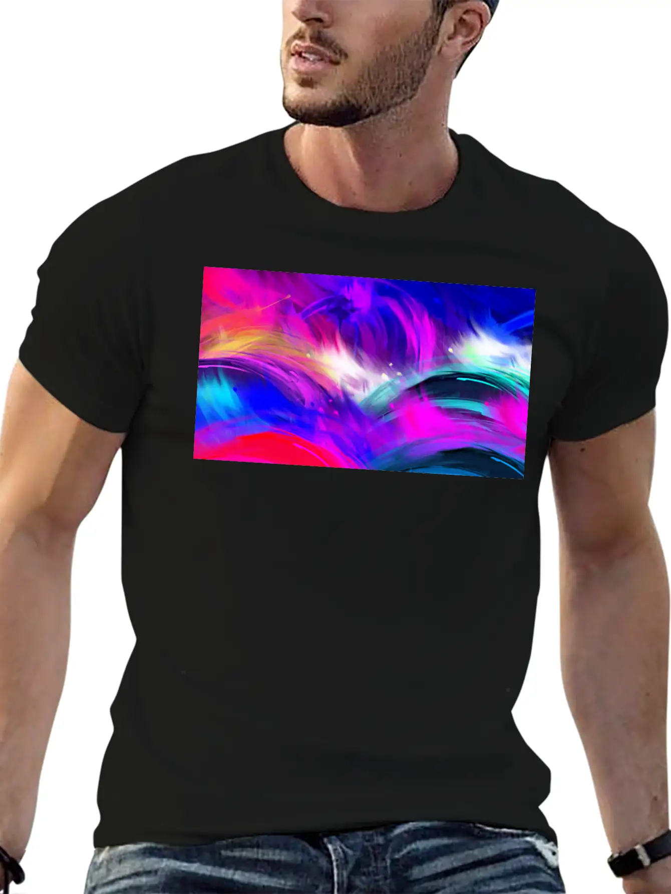 Blue And Purple Wavy Oil Grunge Paint Basic Graphic T-Shirt ¨C Daily Comfort In Soft Cotton