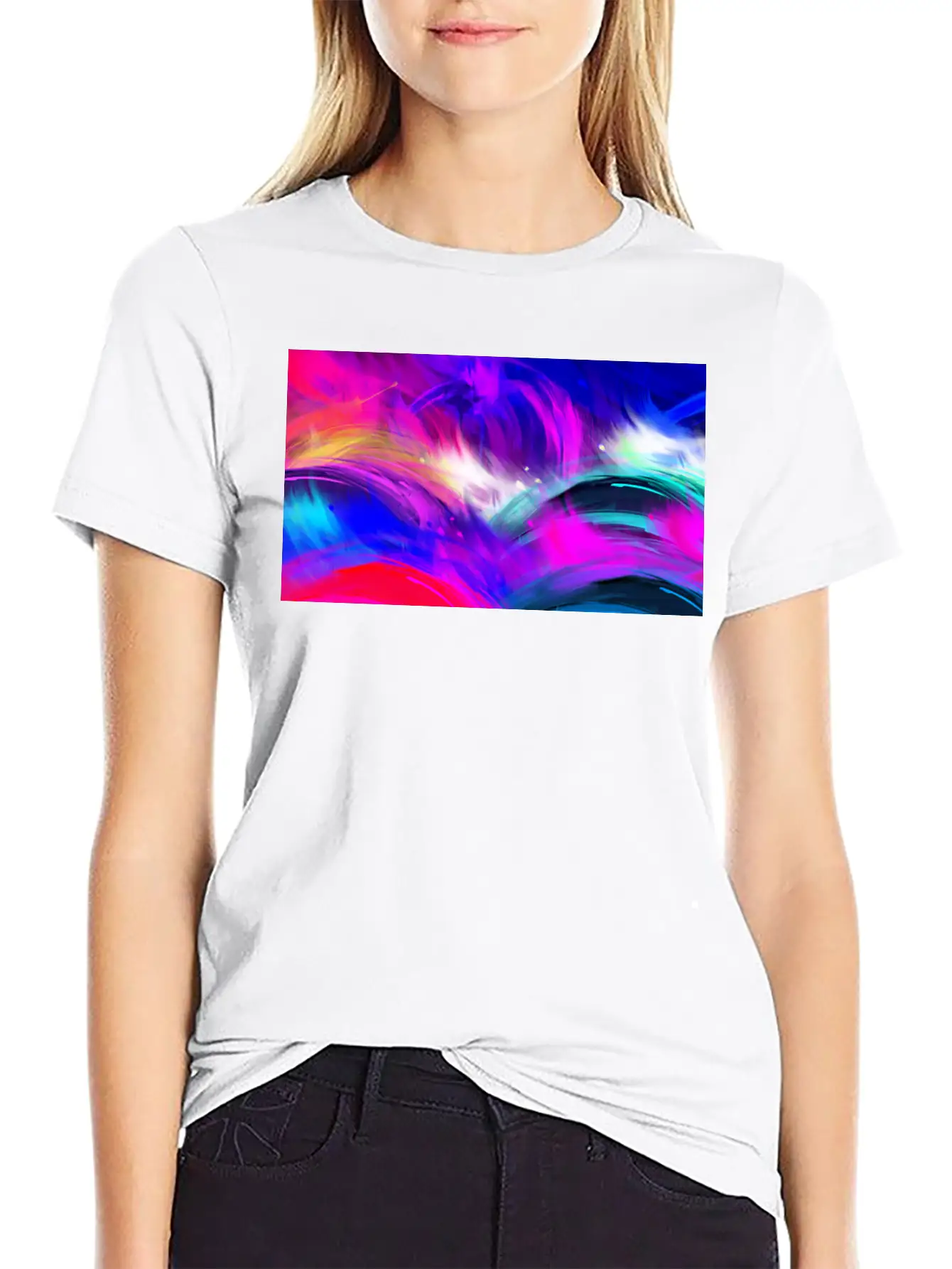 Blue And Purple Wavy Oil Grunge Paint Basic Graphic T-Shirt ¨C Daily Comfort In Soft Cotton