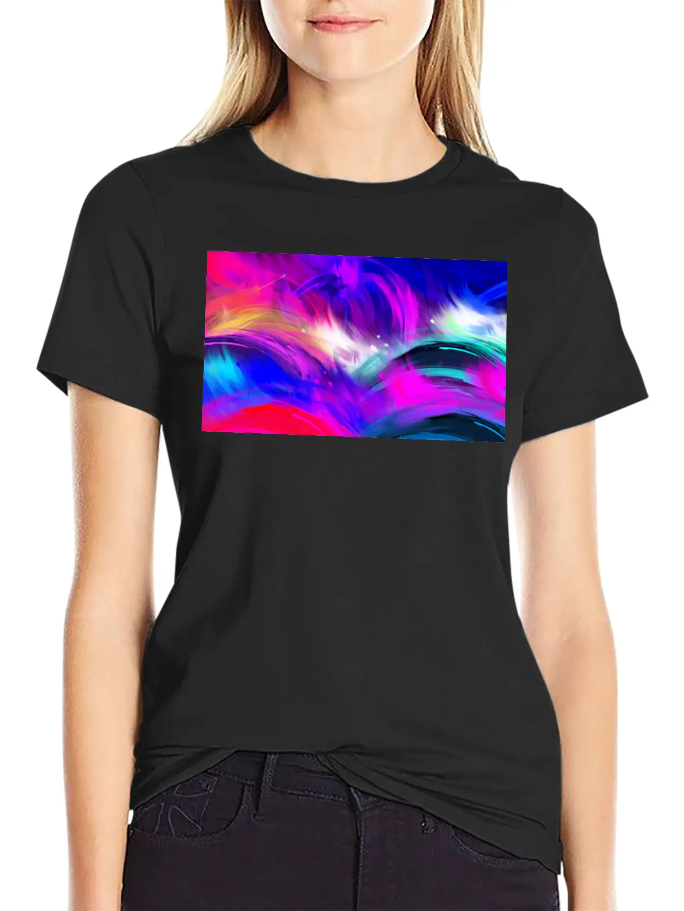 Blue And Purple Wavy Oil Grunge Paint Basic Graphic T-Shirt ¨C Daily Comfort In Soft Cotton