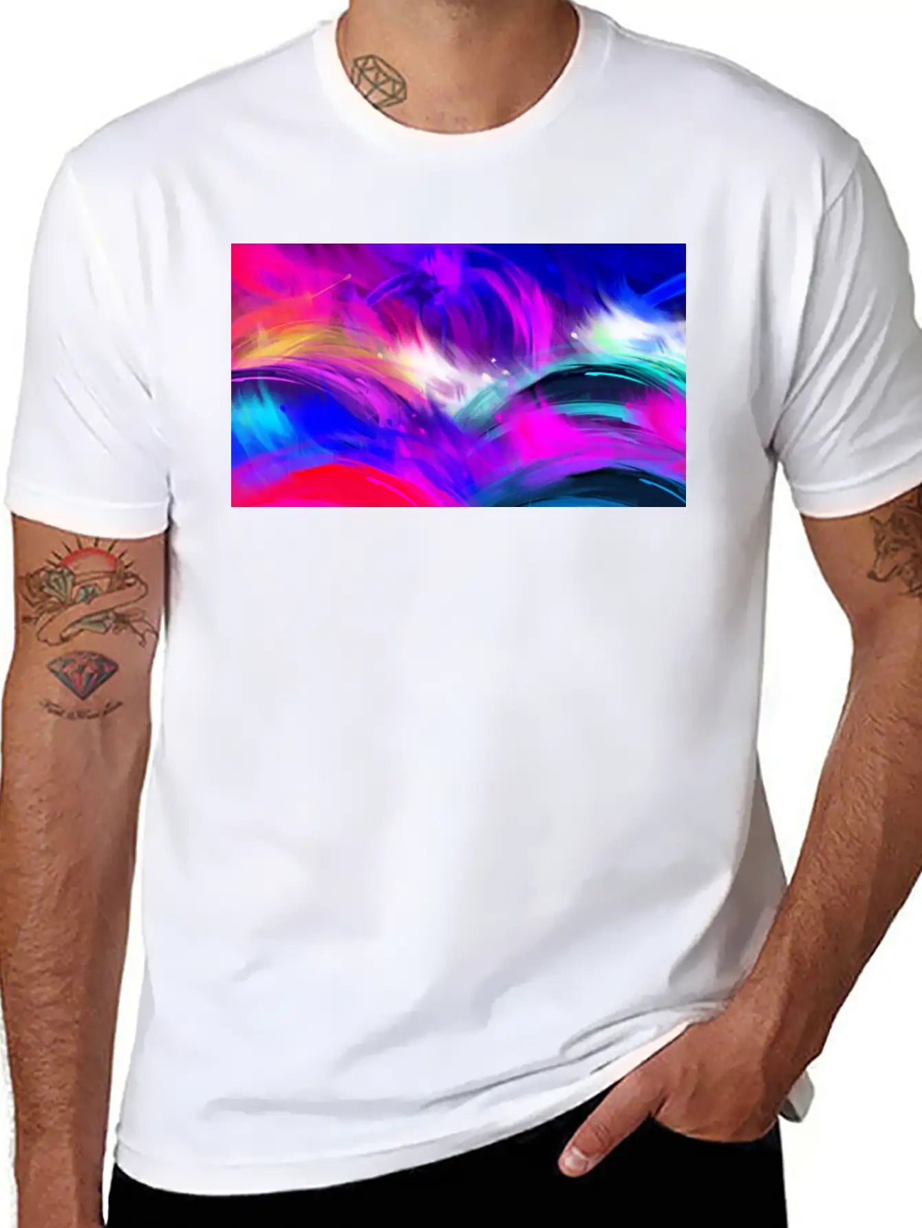 Blue And Purple Wavy Oil Grunge Paint Basic Graphic T-Shirt ¨C Daily Comfort In Soft Cotton