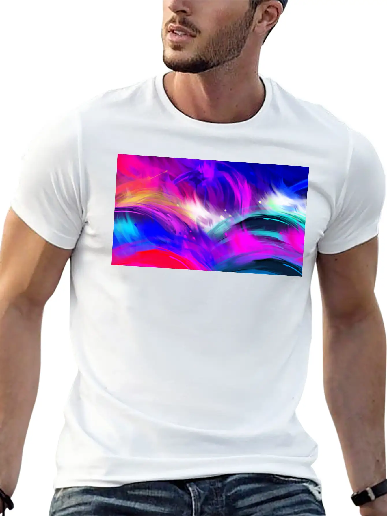 Blue And Purple Wavy Oil Grunge Paint Basic Graphic T-Shirt ¨C Daily Comfort In Soft Cotton