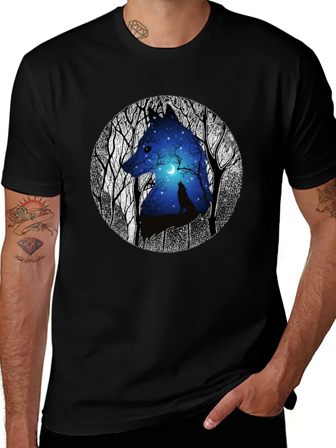 Blue Moon Wolf Essential Cotton Tee For Daily Outfits ¨C Unisex Style