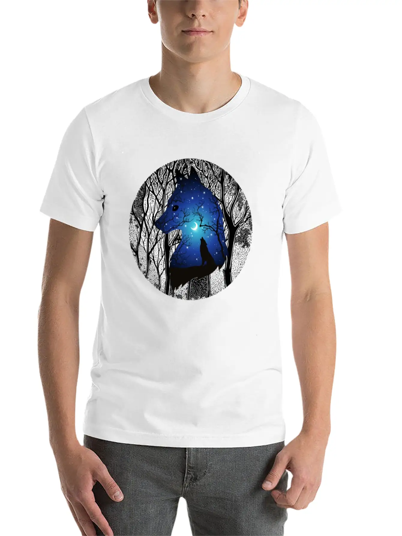 Blue Moon Wolf Essential Cotton Tee For Daily Outfits ¨C Unisex Style