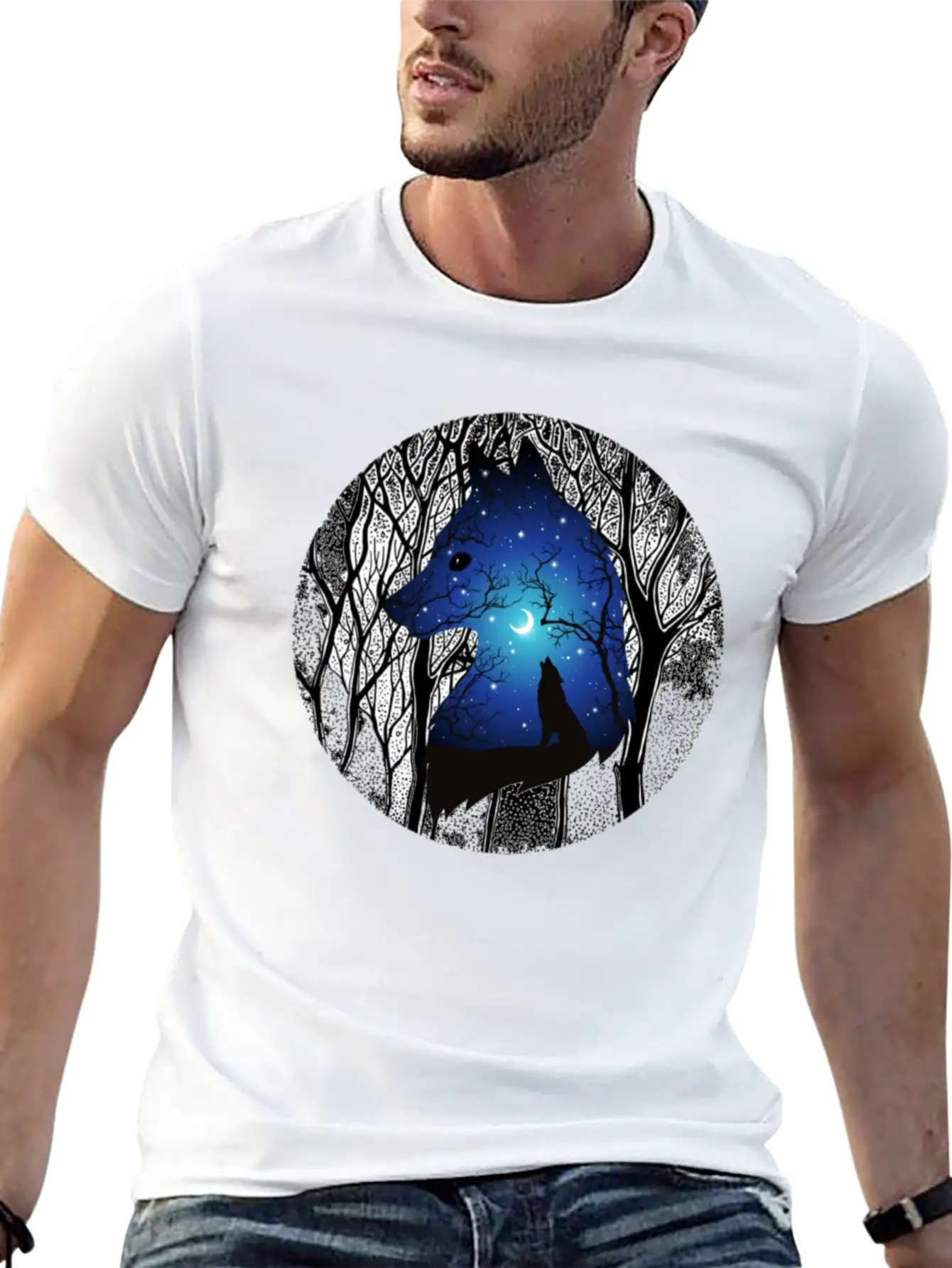 Blue Moon Wolf Essential Cotton Tee For Daily Outfits ¨C Unisex Style