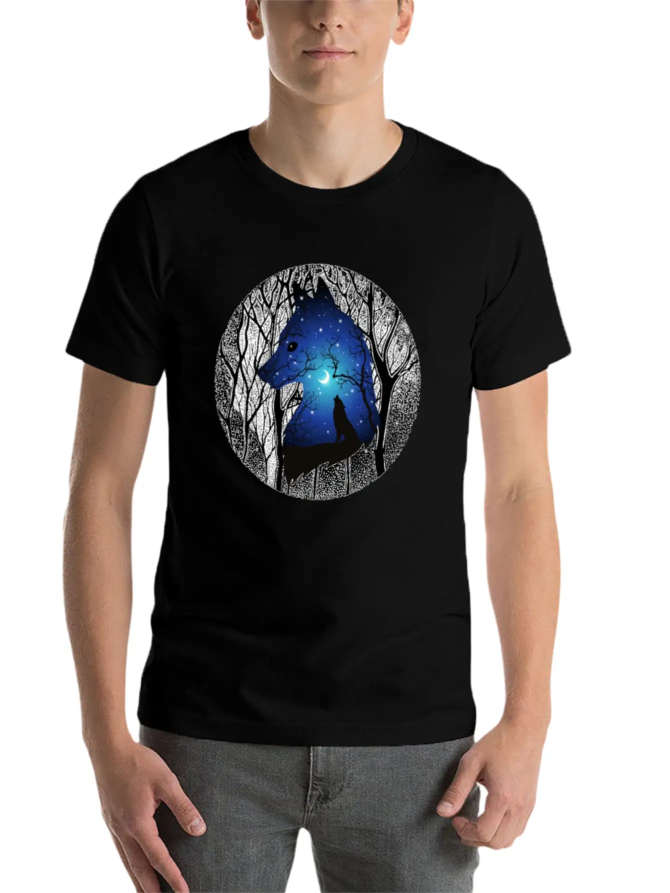 Blue Moon Wolf Essential Cotton Tee For Daily Outfits ¨C Unisex Style
