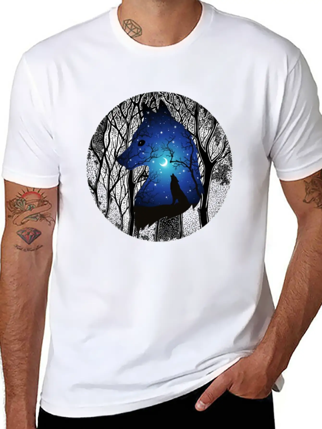 Blue Moon Wolf Essential Cotton Tee For Daily Outfits ¨C Unisex Style