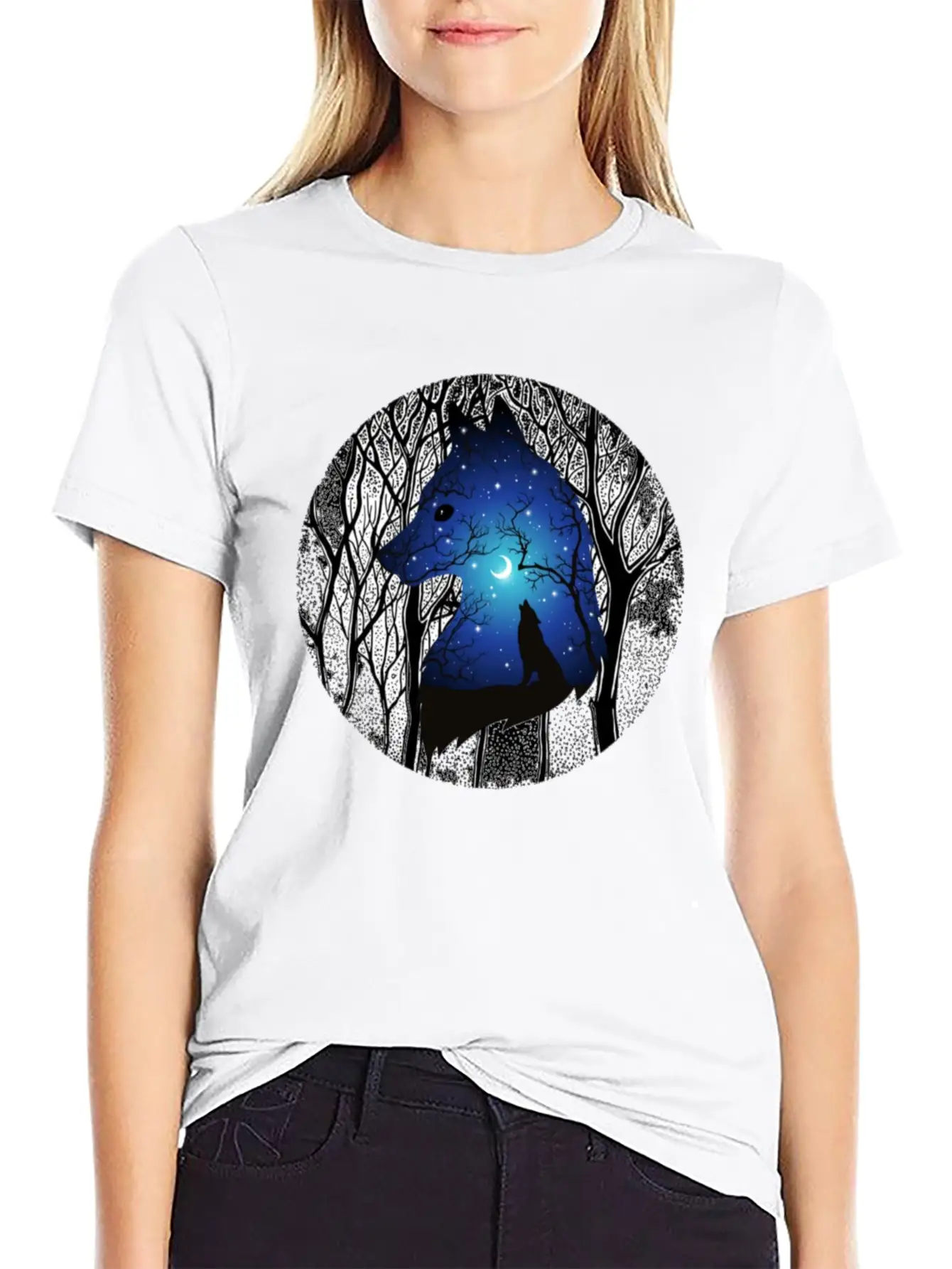 Blue Moon Wolf Essential Cotton Tee For Daily Outfits ¨C Unisex Style