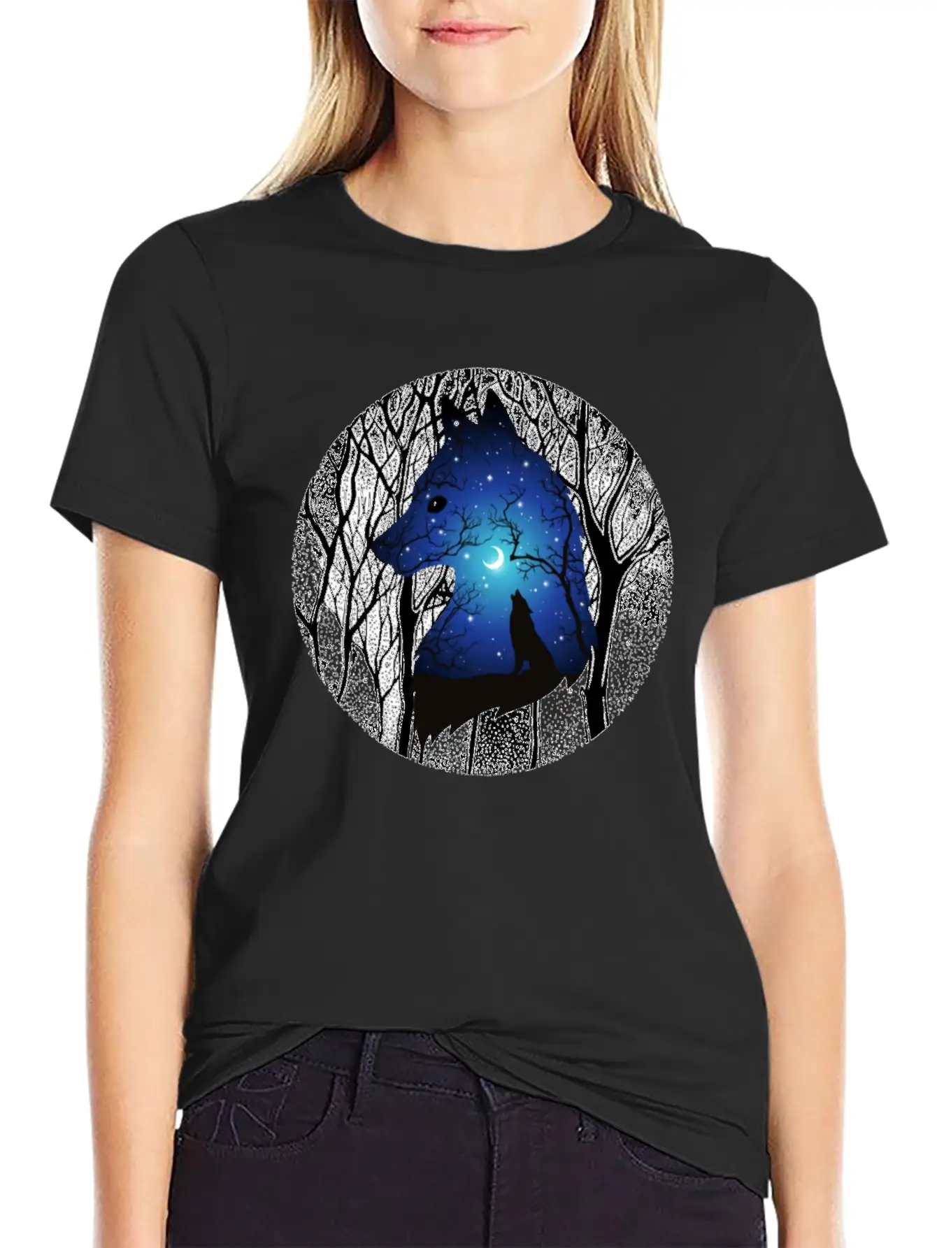 Blue Moon Wolf Essential Cotton Tee For Daily Outfits ¨C Unisex Style