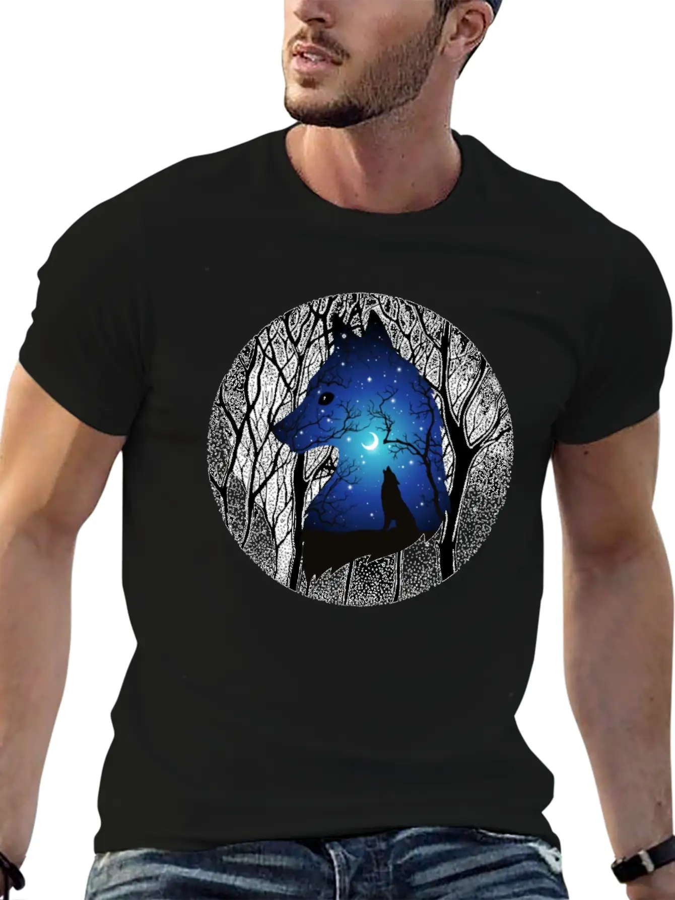 Blue Moon Wolf Essential Cotton Tee For Daily Outfits ¨C Unisex Style