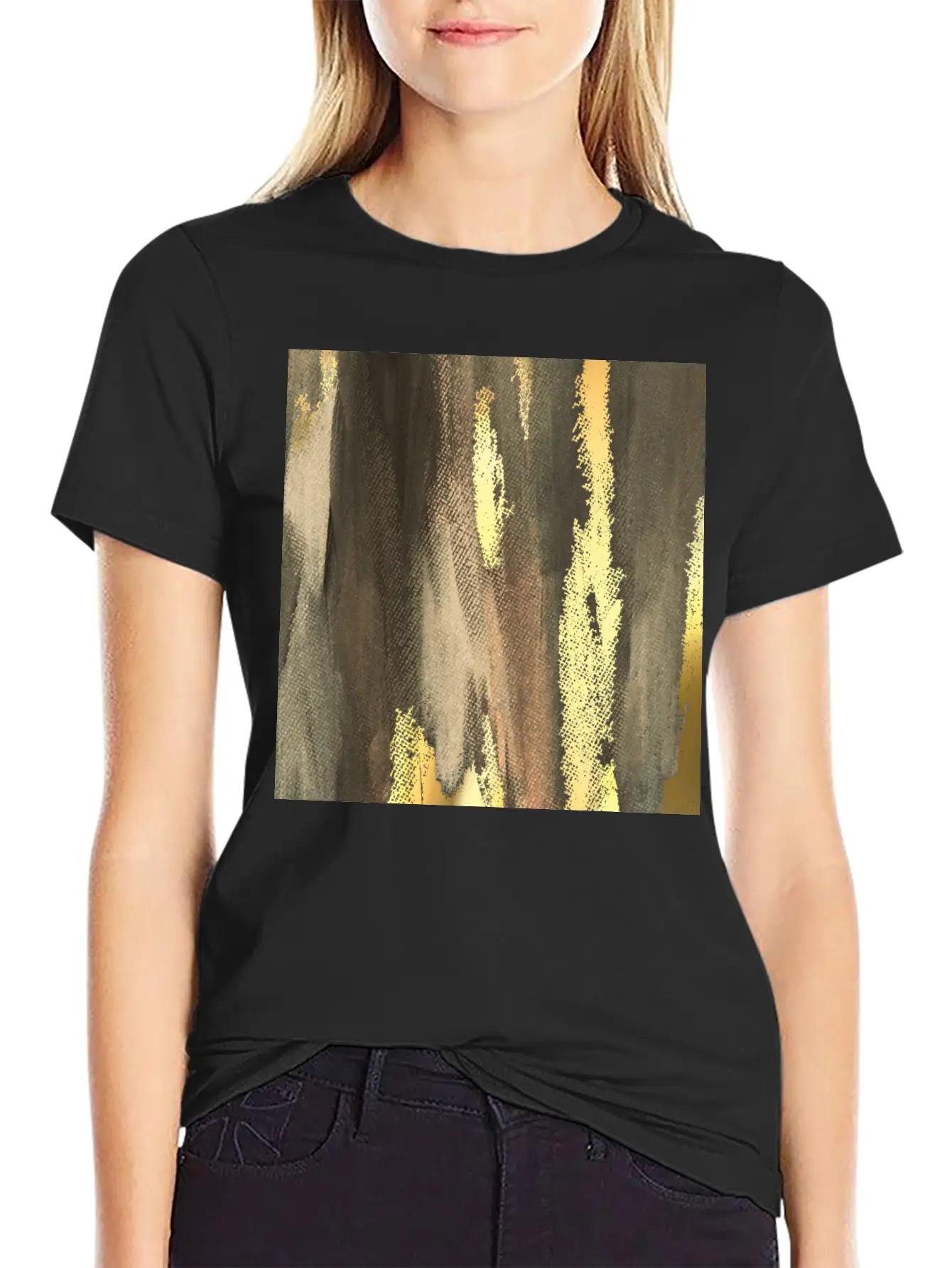 Brown Paint Brushstrokes Gold Foil Abstract Essential Cotton Tee For Daily Outfits ¨C Unisex Style