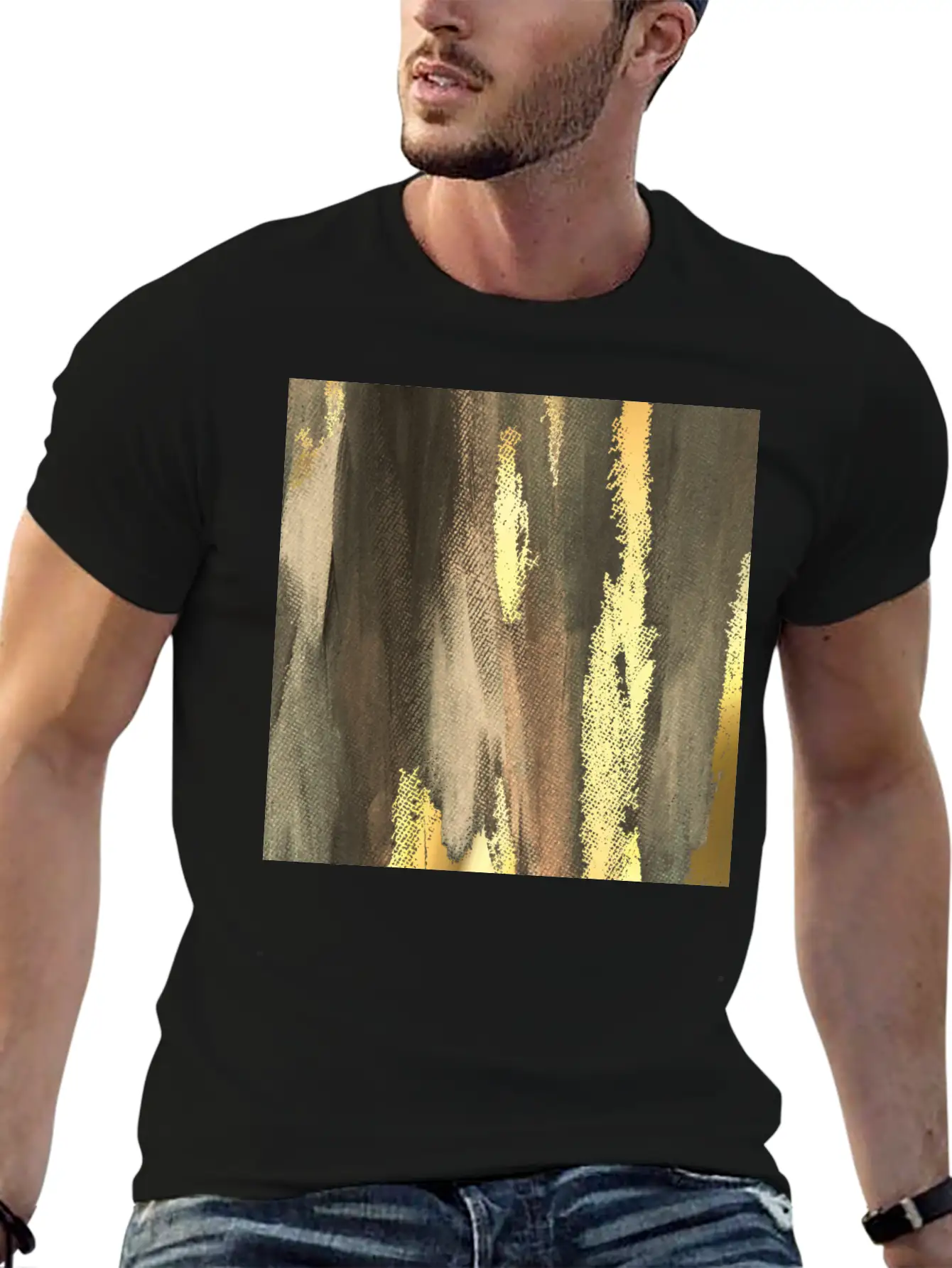 Brown Paint Brushstrokes Gold Foil Abstract Essential Cotton Tee For Daily Outfits ¨C Unisex Style