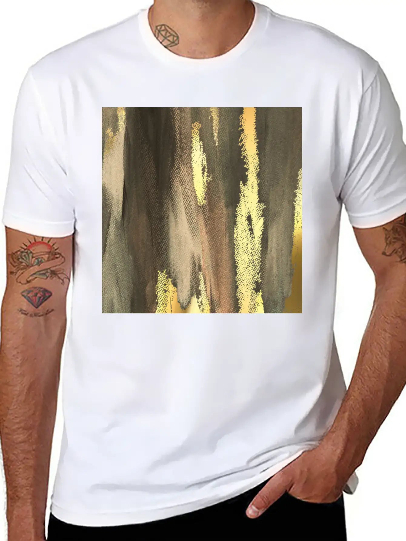 Brown Paint Brushstrokes Gold Foil Abstract Essential Cotton Tee For Daily Outfits ¨C Unisex Style
