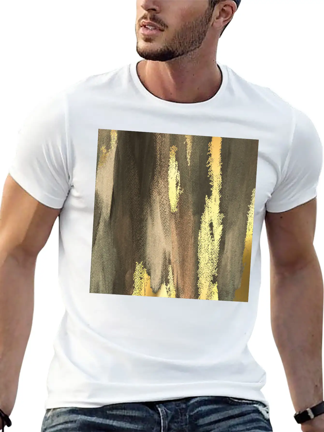 Brown Paint Brushstrokes Gold Foil Abstract Essential Cotton Tee For Daily Outfits ¨C Unisex Style