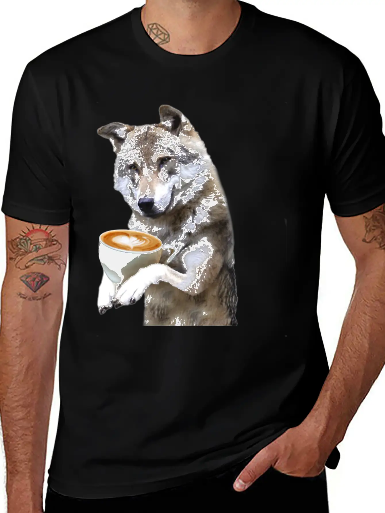 Brown Wolf Wolves Drinking Coffee Smiling Funny Essential Cotton Tee For Daily Outfits ¨C Unisex Style