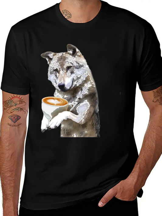 Brown Wolf Wolves Drinking Coffee Smiling Funny Essential Cotton Tee For Daily Outfits ¨C Unisex Style
