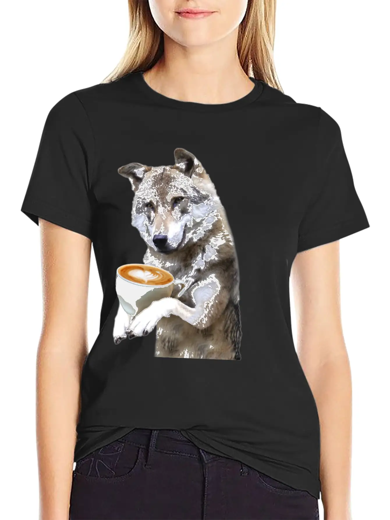 Brown Wolf Wolves Drinking Coffee Smiling Funny Essential Cotton Tee For Daily Outfits ¨C Unisex Style