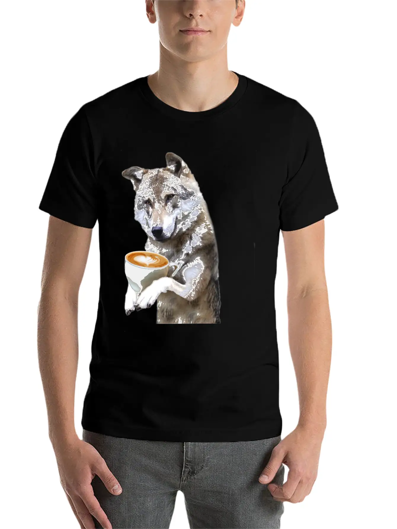 Brown Wolf Wolves Drinking Coffee Smiling Funny Essential Cotton Tee For Daily Outfits ¨C Unisex Style