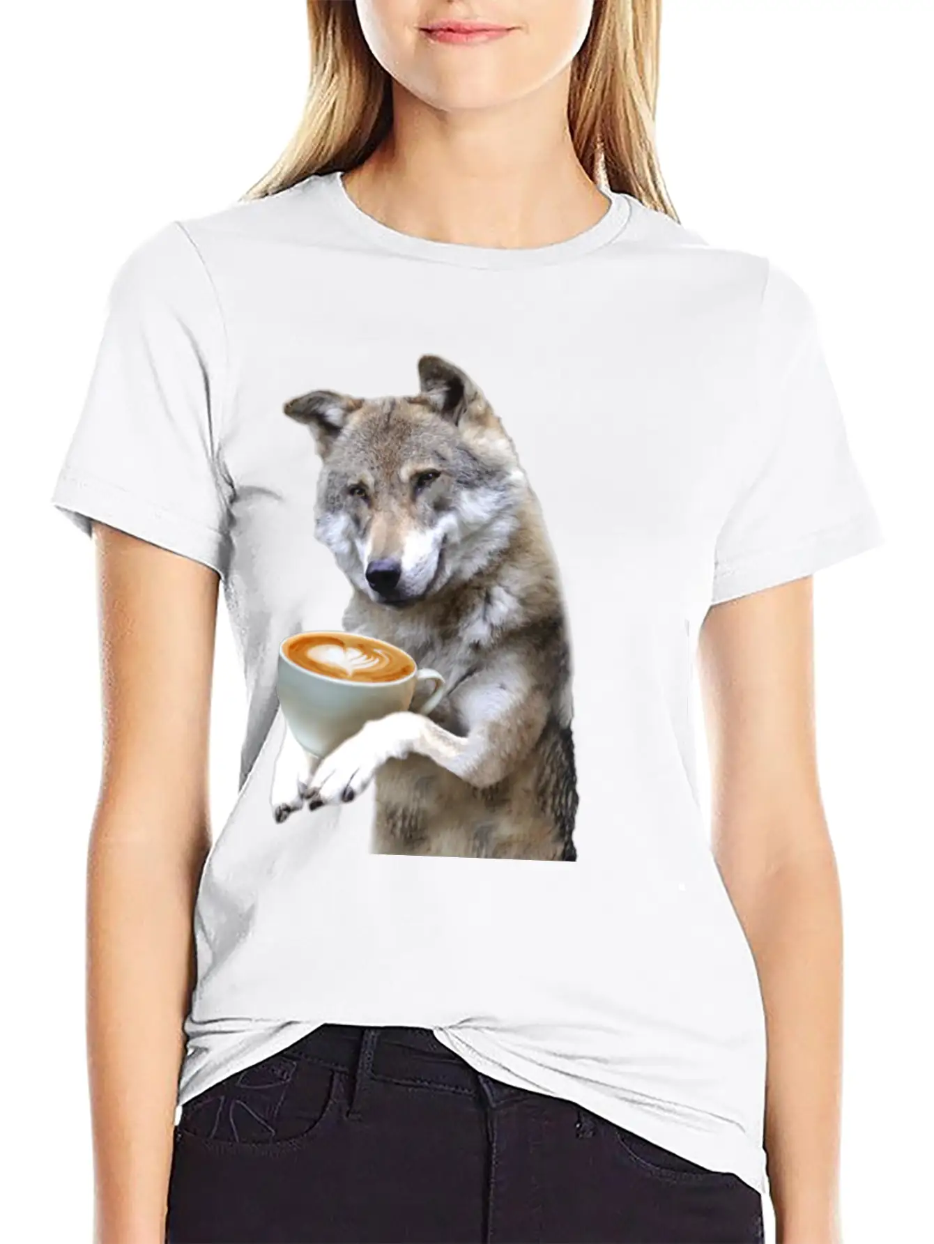 Brown Wolf Wolves Drinking Coffee Smiling Funny Essential Cotton Tee For Daily Outfits ¨C Unisex Style