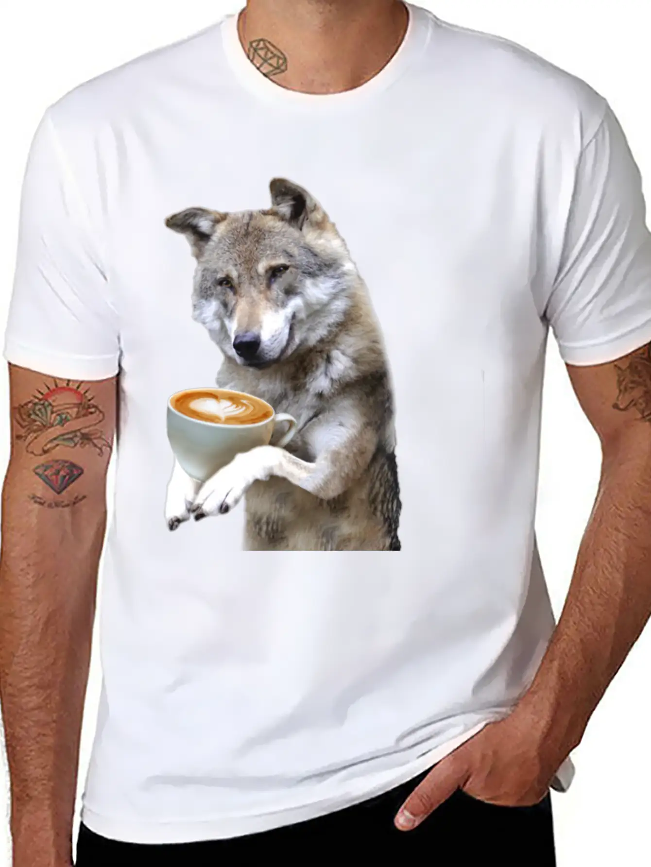 Brown Wolf Wolves Drinking Coffee Smiling Funny Essential Cotton Tee For Daily Outfits ¨C Unisex Style