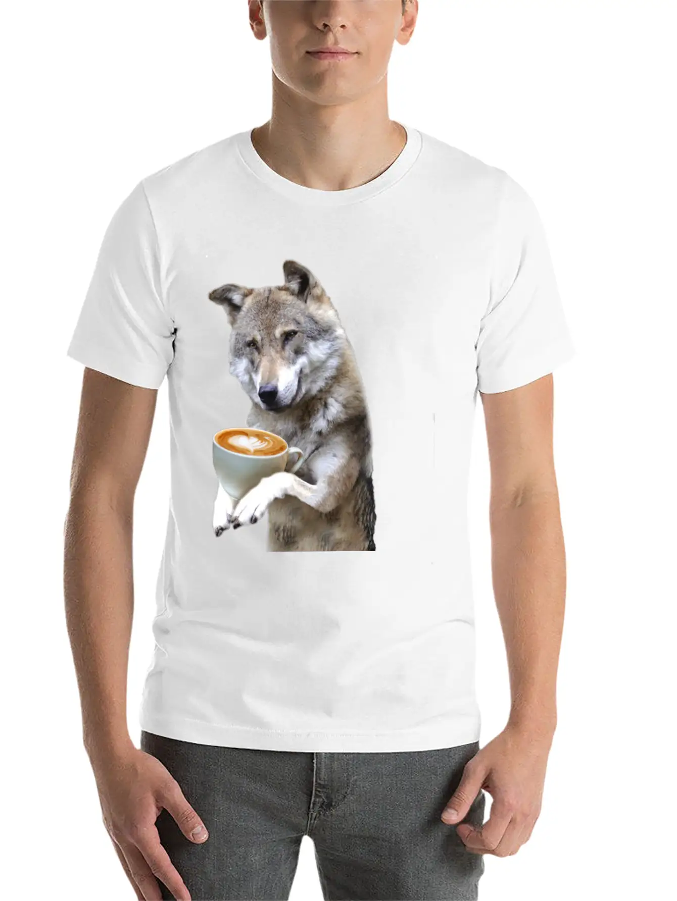 Brown Wolf Wolves Drinking Coffee Smiling Funny Essential Cotton Tee For Daily Outfits ¨C Unisex Style
