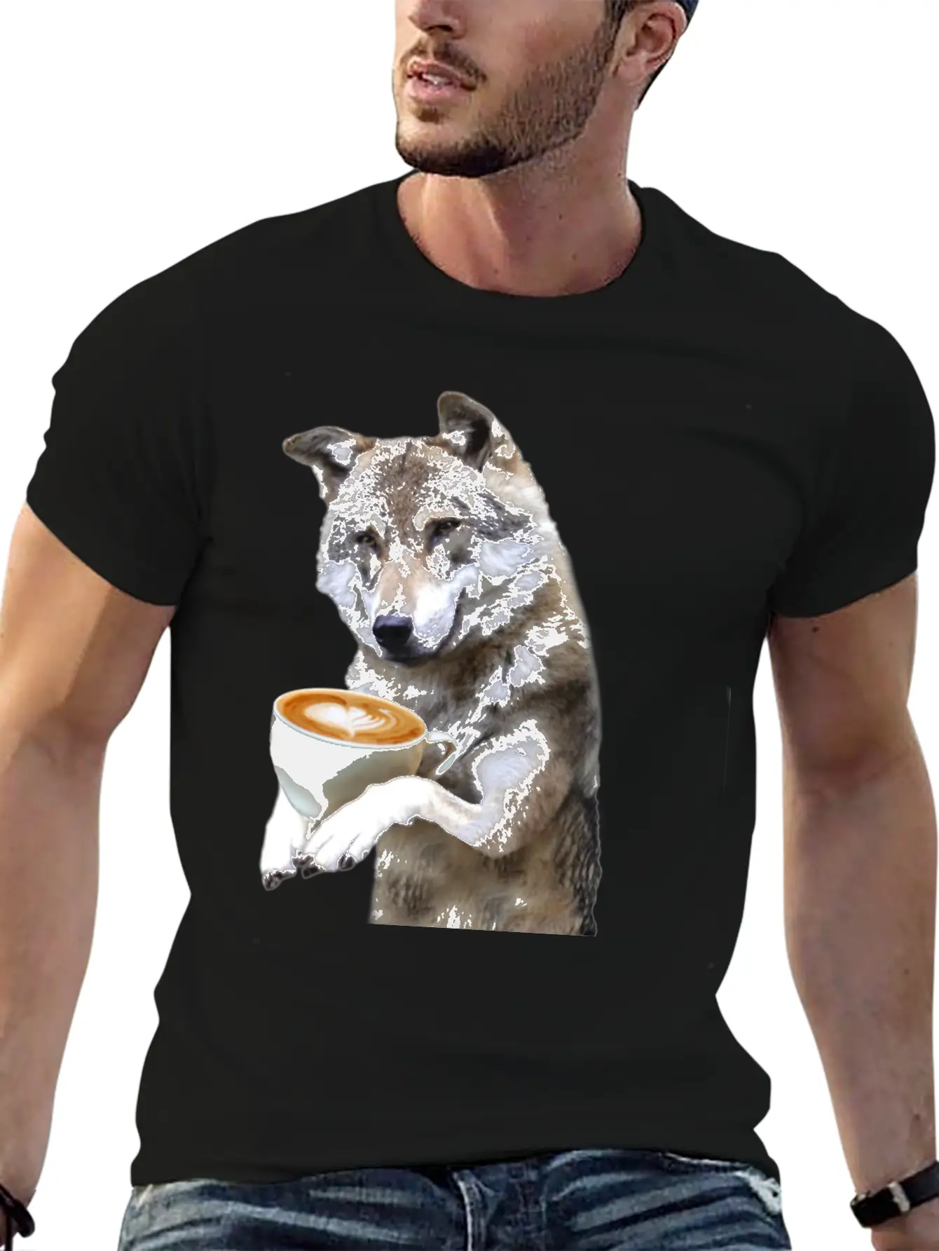 Brown Wolf Wolves Drinking Coffee Smiling Funny Essential Cotton Tee For Daily Outfits ¨C Unisex Style