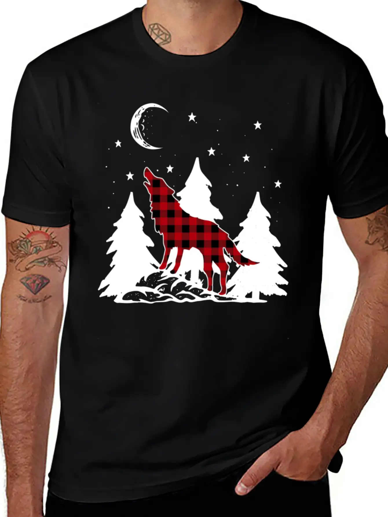 Buffalo Plaid Wolf Howling Christmas Pajama Basic Graphic T-Shirt ¨C Daily Comfort In Soft Cotton