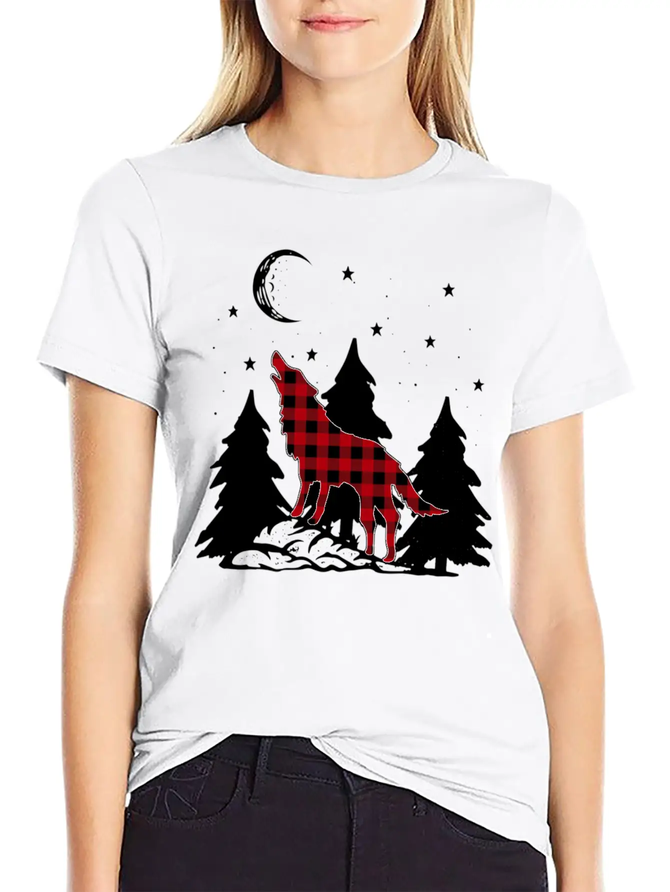 Buffalo Plaid Wolf Howling Christmas Pajama Basic Graphic T-Shirt ¨C Daily Comfort In Soft Cotton