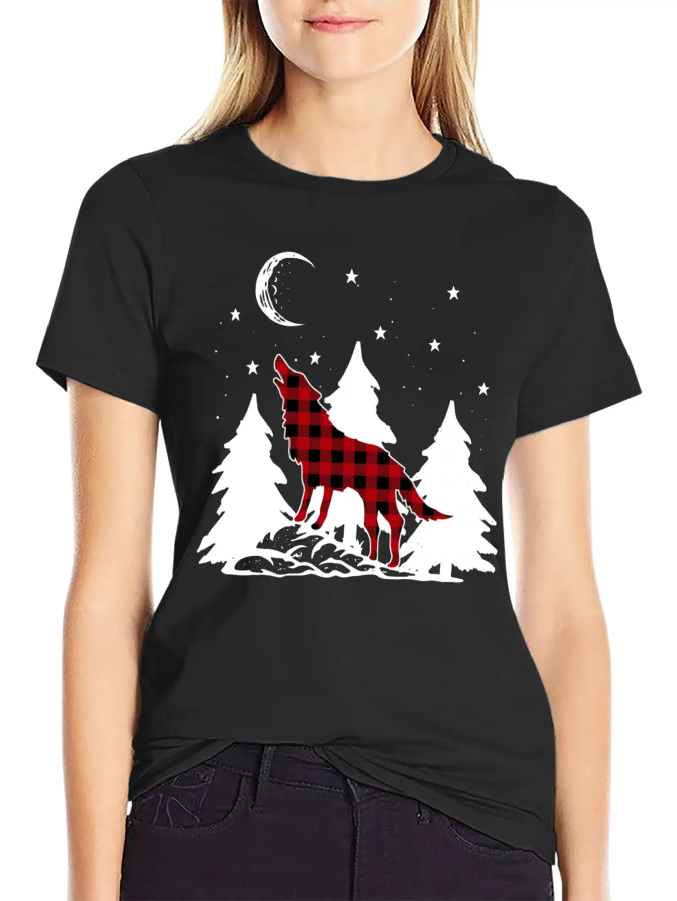 Buffalo Plaid Wolf Howling Christmas Pajama Basic Graphic T-Shirt ¨C Daily Comfort In Soft Cotton