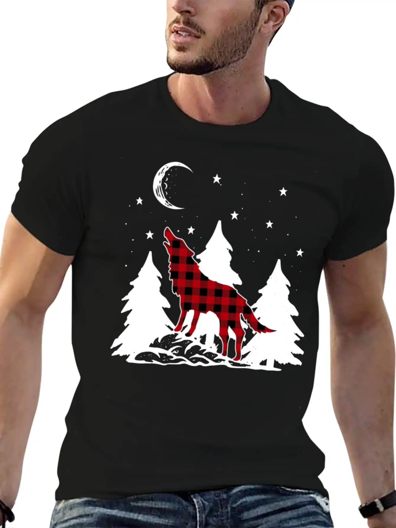 Buffalo Plaid Wolf Howling Christmas Pajama Basic Graphic T-Shirt ¨C Daily Comfort In Soft Cotton