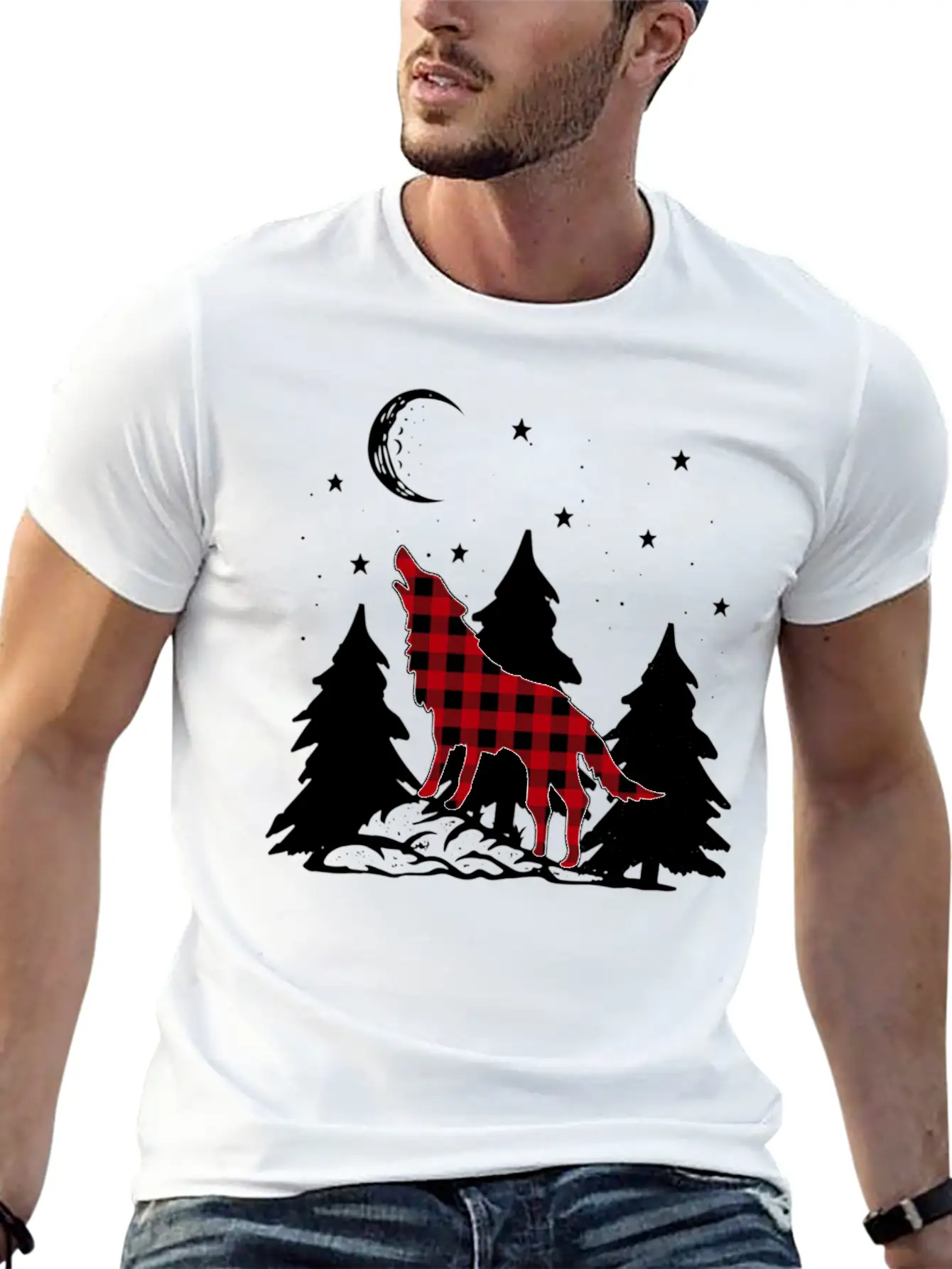 Buffalo Plaid Wolf Howling Christmas Pajama Basic Graphic T-Shirt ¨C Daily Comfort In Soft Cotton