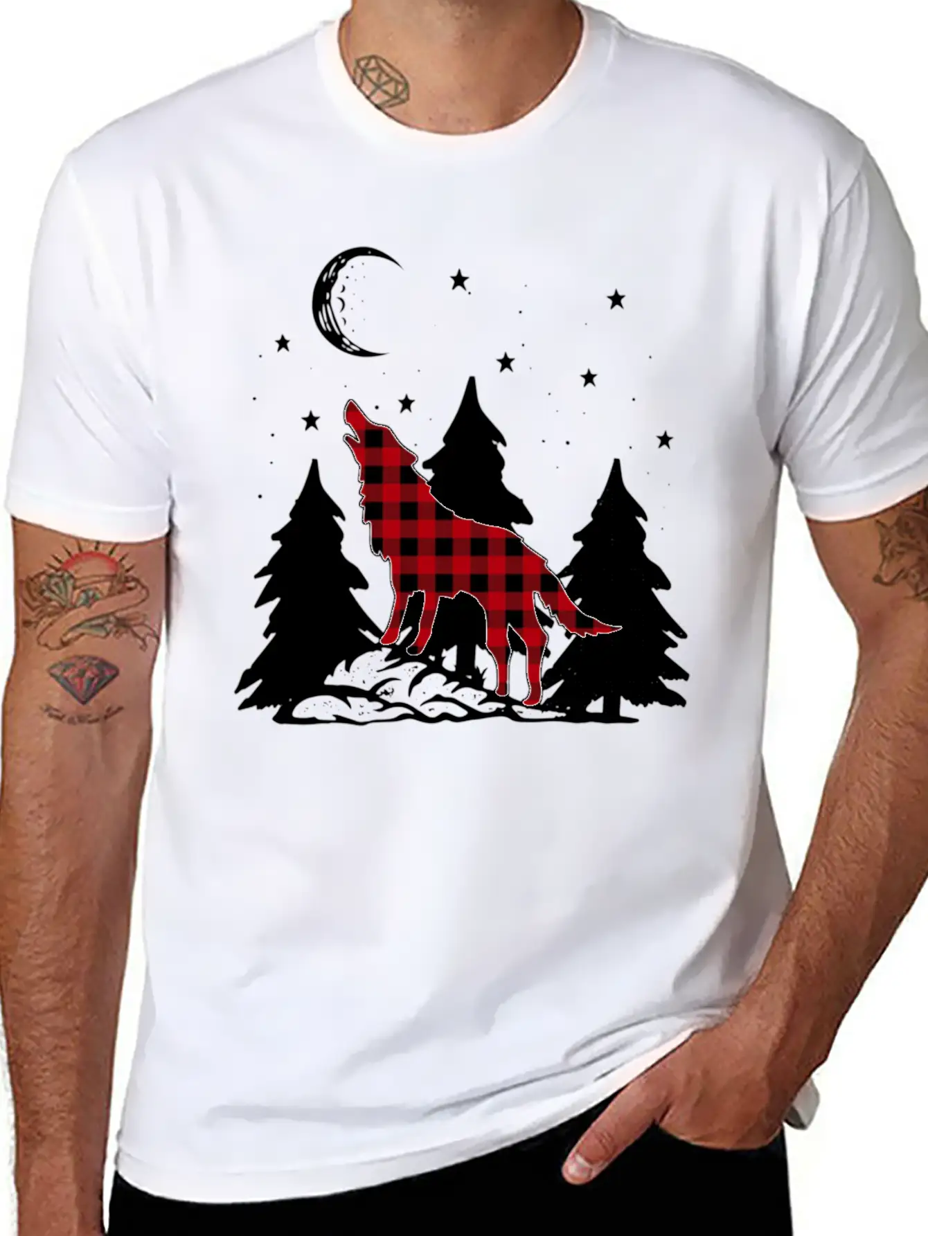 Buffalo Plaid Wolf Howling Christmas Pajama Basic Graphic T-Shirt ¨C Daily Comfort In Soft Cotton