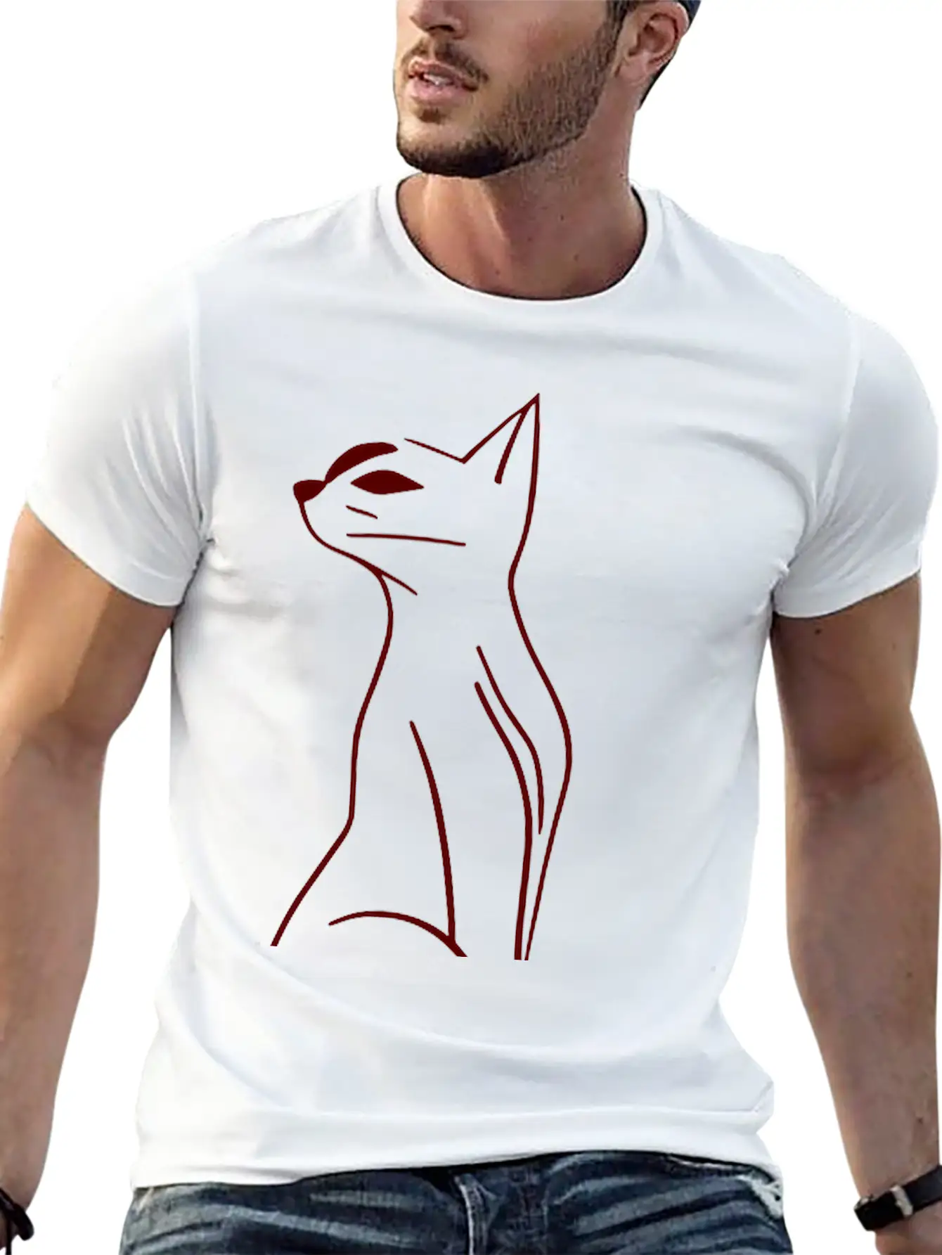 Cat Line Art Doodle Vector One Color Basic Graphic T-Shirt ¨C Daily Comfort In Soft Cotton
