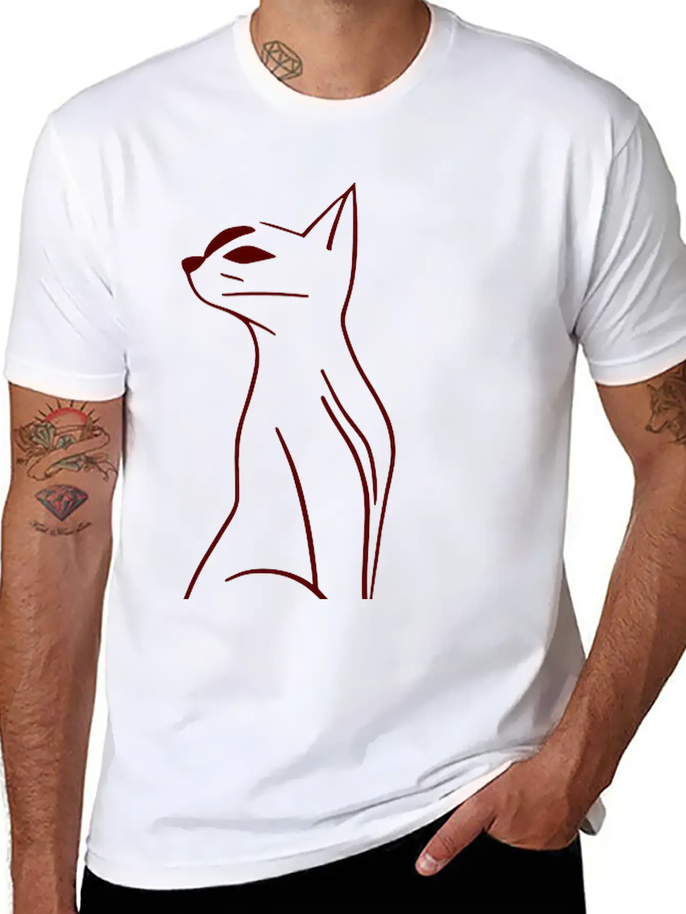 Cat Line Art Doodle Vector One Color Basic Graphic T-Shirt ¨C Daily Comfort In Soft Cotton