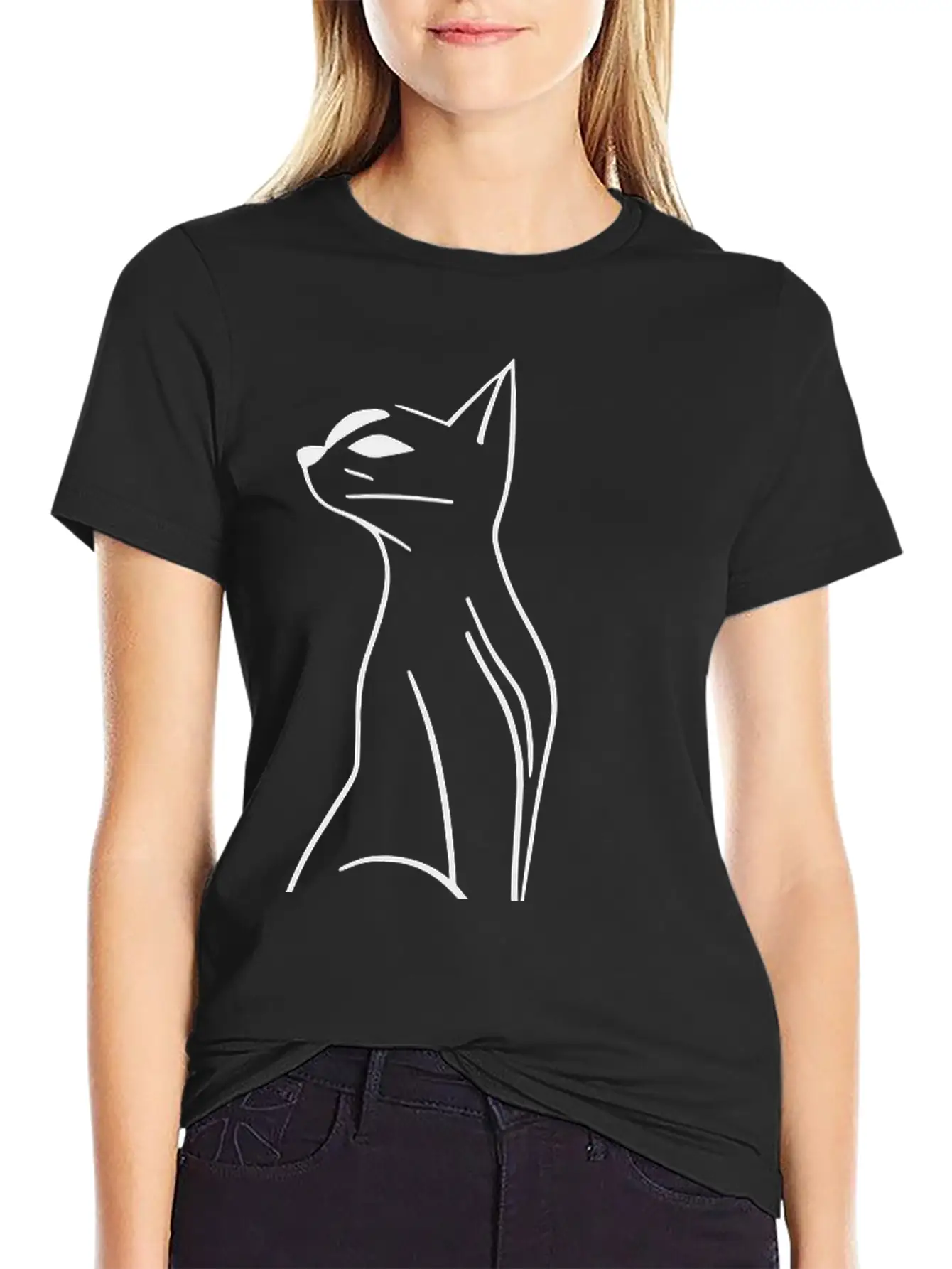 Cat Line Art Doodle Vector One Color Basic Graphic T-Shirt ¨C Daily Comfort In Soft Cotton