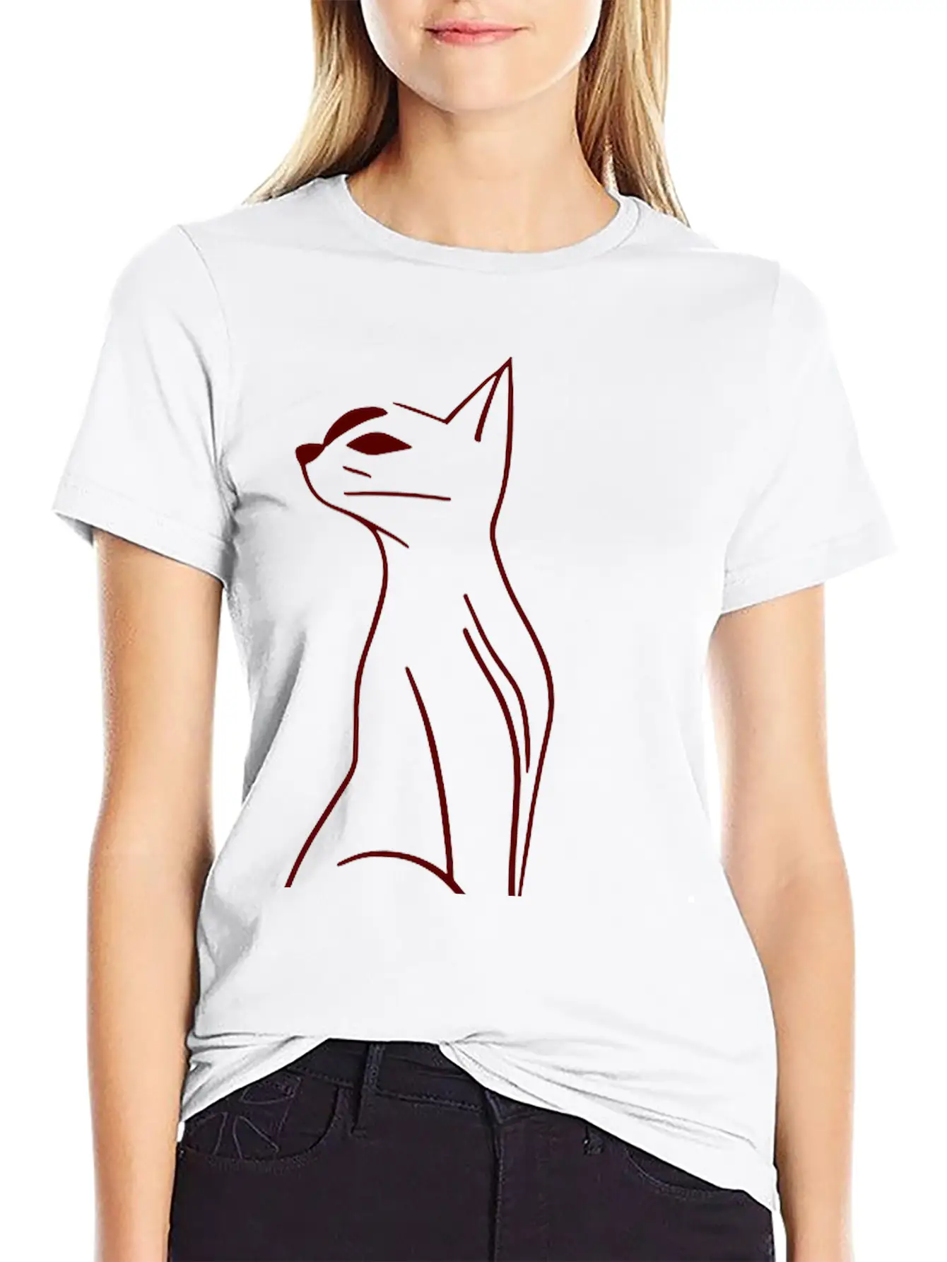 Cat Line Art Doodle Vector One Color Basic Graphic T-Shirt ¨C Daily Comfort In Soft Cotton