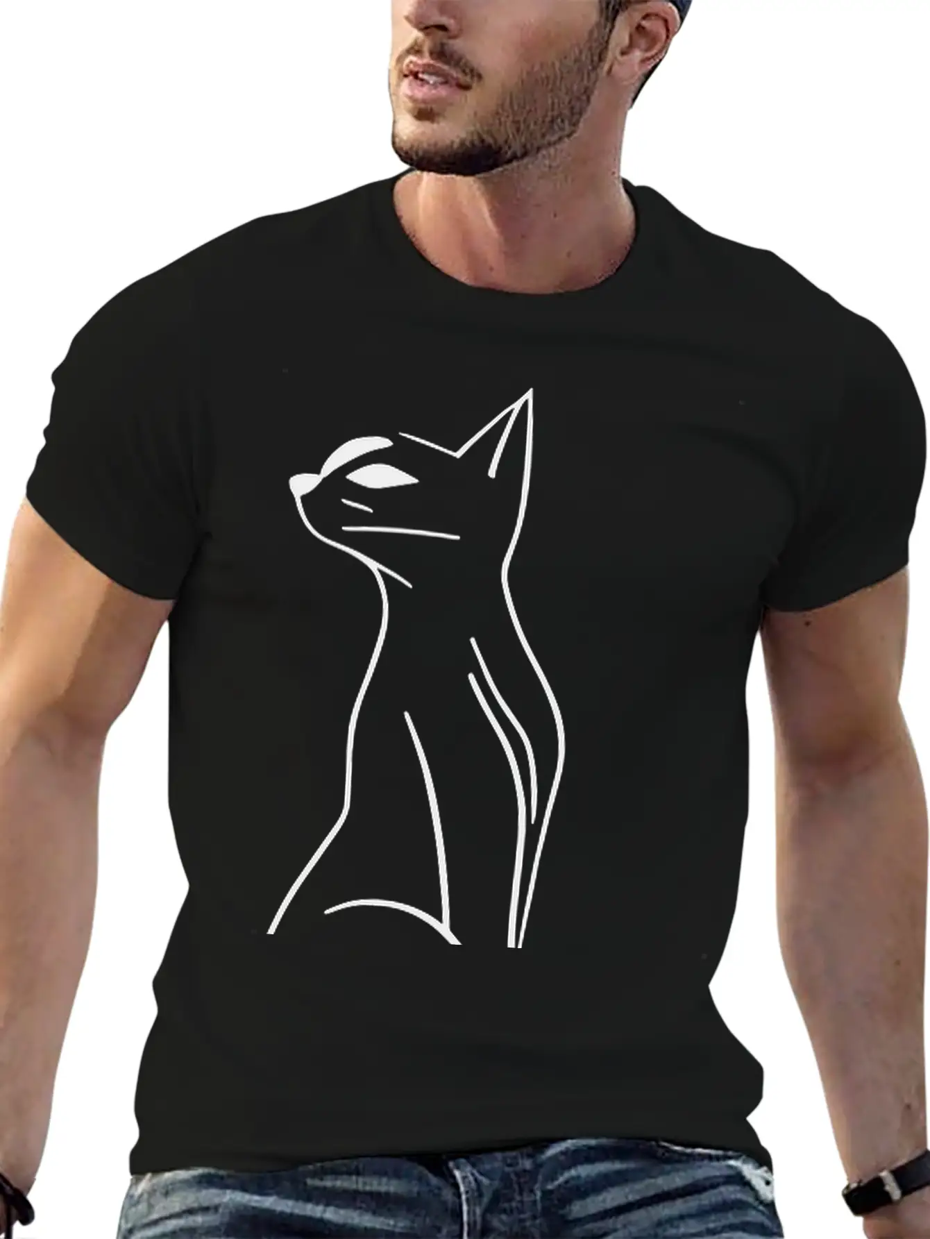 Cat Line Art Doodle Vector One Color Basic Graphic T-Shirt ¨C Daily Comfort In Soft Cotton