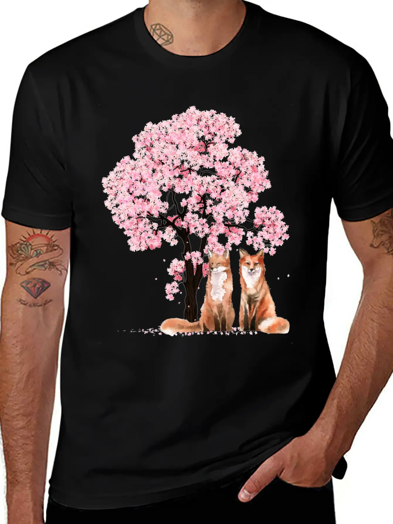 Cherry Blossom Japanese Beautiful Fox Basic Graphic T-Shirt ¨C Daily Comfort In Soft Cotton