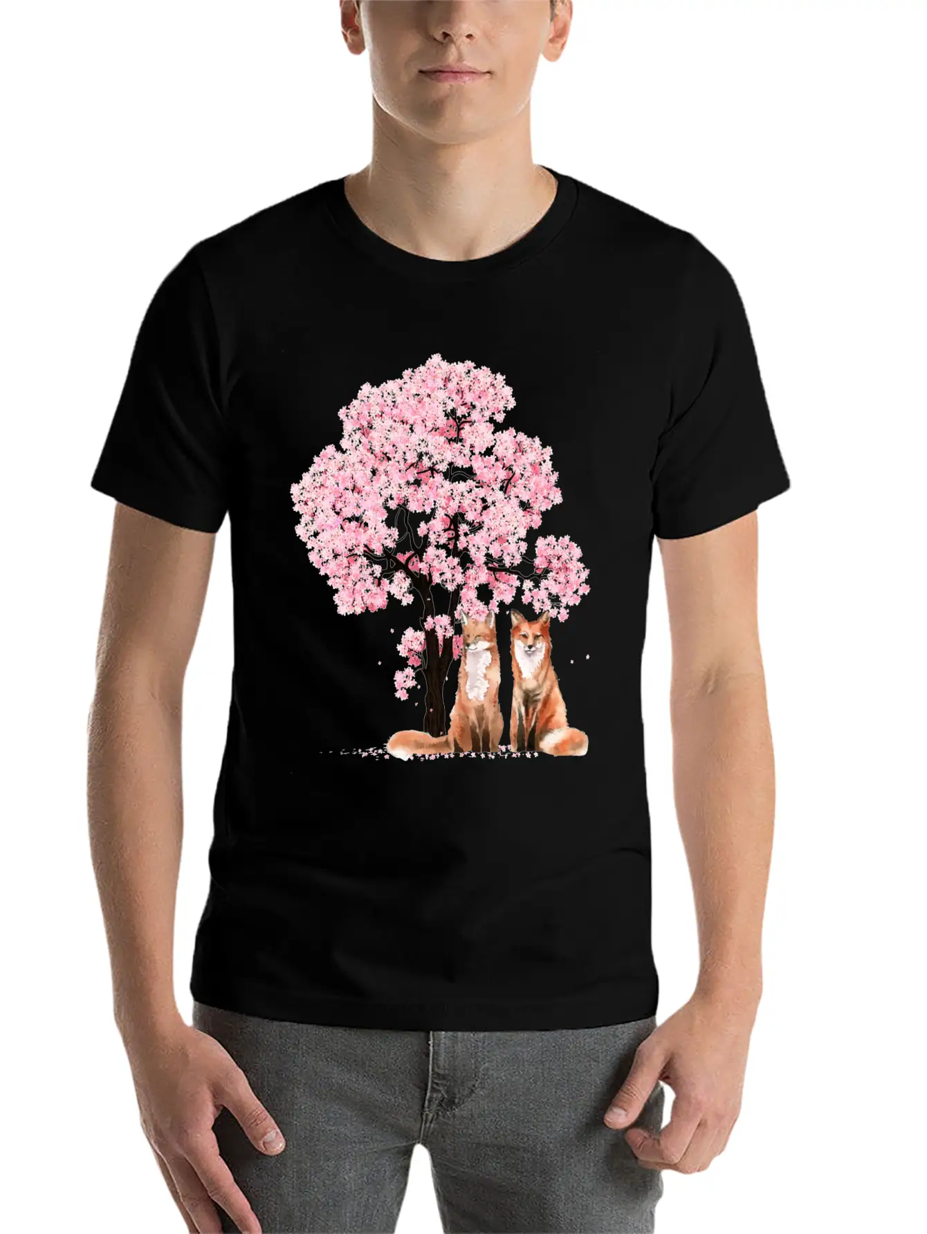 Cherry Blossom Japanese Beautiful Fox Basic Graphic T-Shirt ¨C Daily Comfort In Soft Cotton