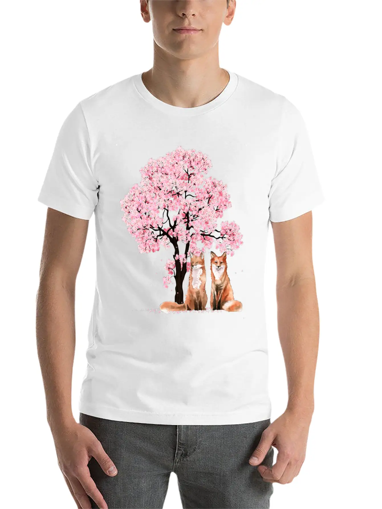 Cherry Blossom Japanese Beautiful Fox Basic Graphic T-Shirt ¨C Daily Comfort In Soft Cotton