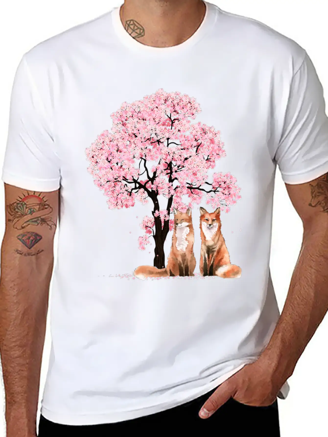 Cherry Blossom Japanese Beautiful Fox Basic Graphic T-Shirt ¨C Daily Comfort In Soft Cotton