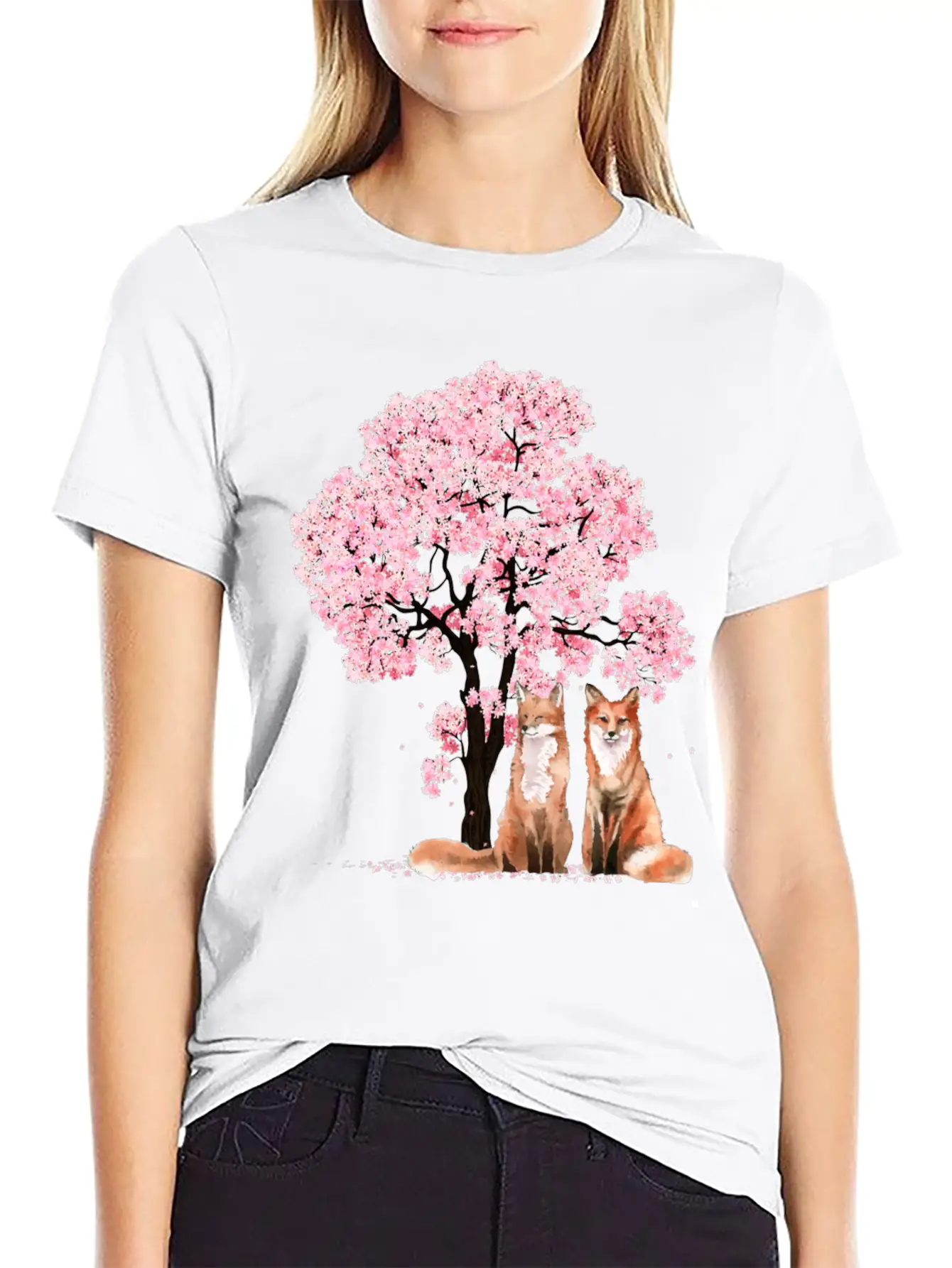 Cherry Blossom Japanese Beautiful Fox Basic Graphic T-Shirt ¨C Daily Comfort In Soft Cotton